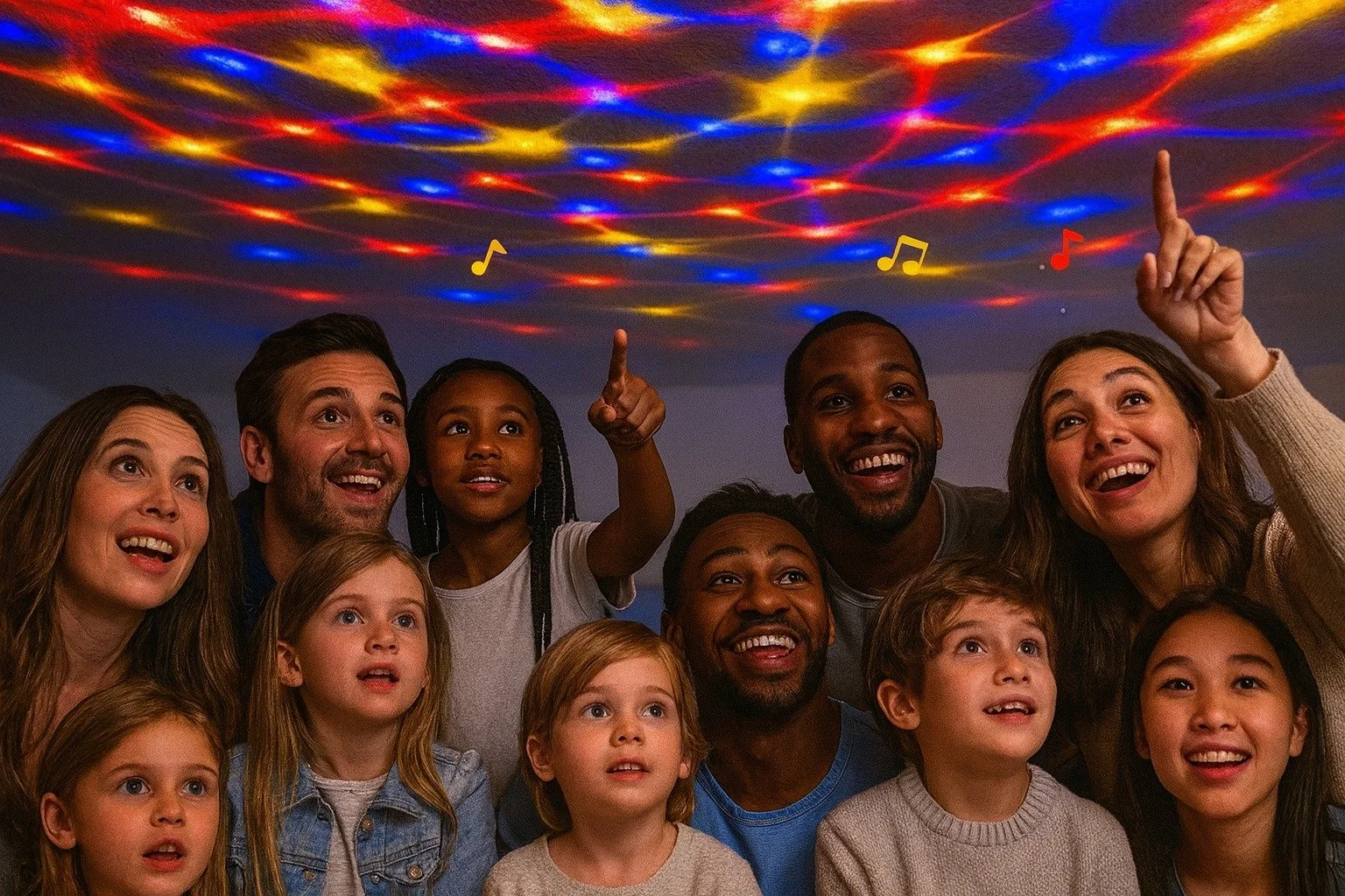 A diverse group of children and adults looking up and pointing at colorful lights and musical notes projected on the ceiling.