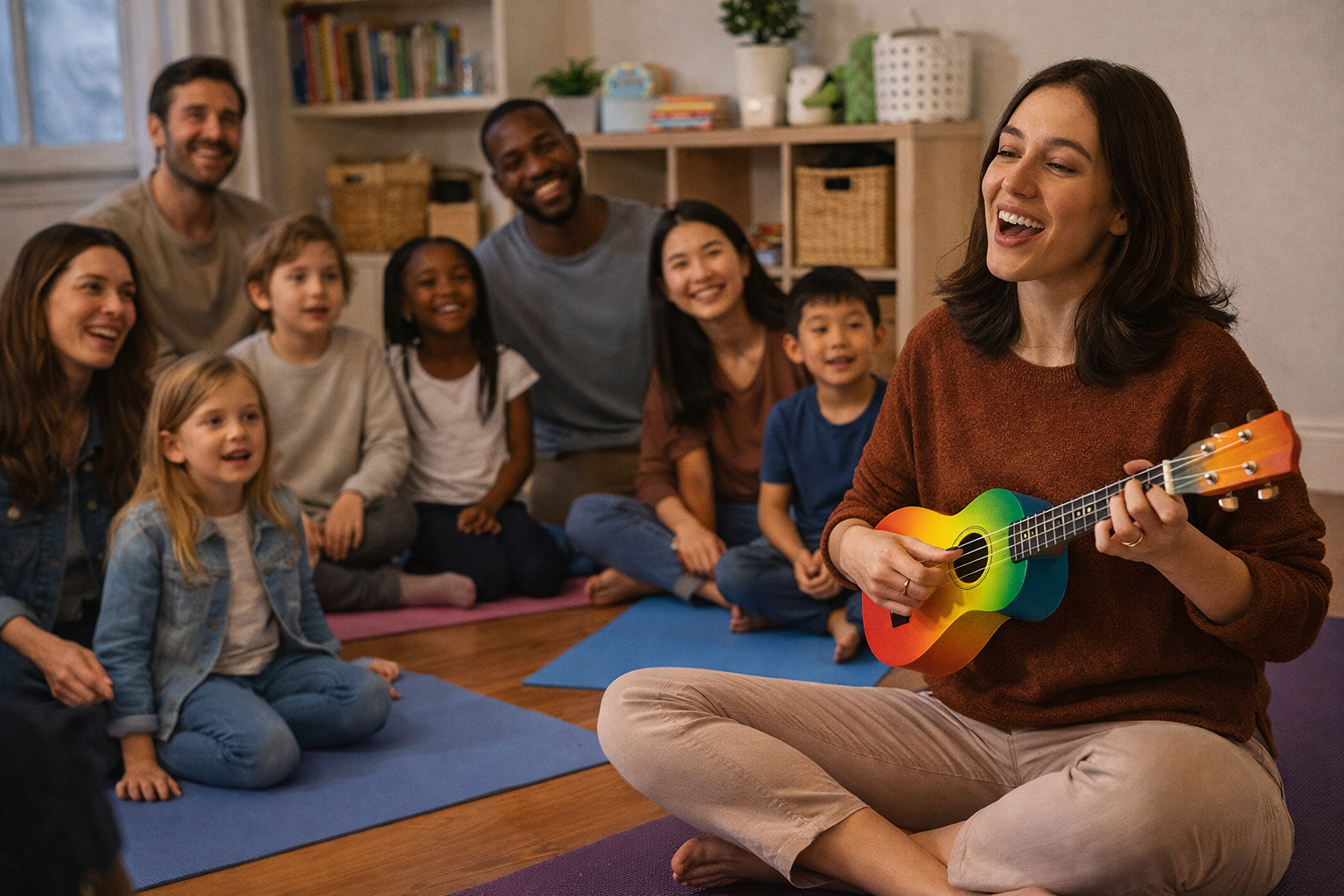 A woman playing a rainbow-colored ukulele while children and adults watch and enjoy in a cozy room with shelves and decorations.