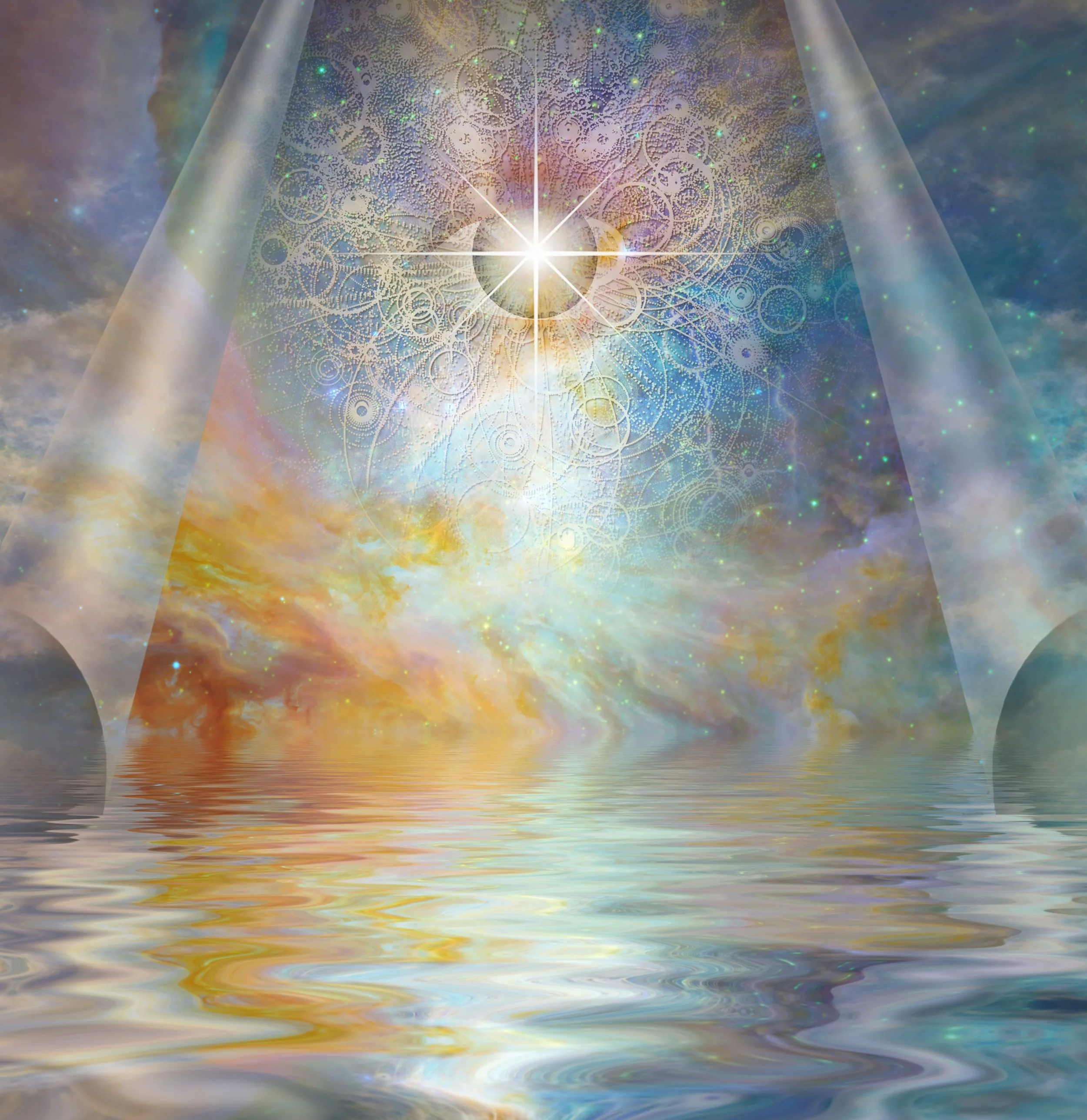 Surreal digital artwork of a cosmic scene with a large, intricate, glowing geometric pattern in the sky, reflected on a calm water surface, with colorful nebulae and stars in the background.