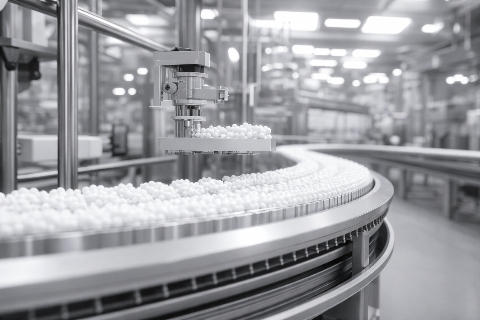 A food production line with metal machinery and a conveyor belt carrying white spherical objects, possibly pills or pellets, in a factory setting.