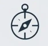 Simple illustration of a compass with a circular face and a central needle pointing northeast.