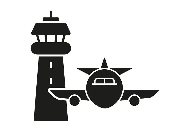 Silhouette of a lighthouse and an airplane against a white background.