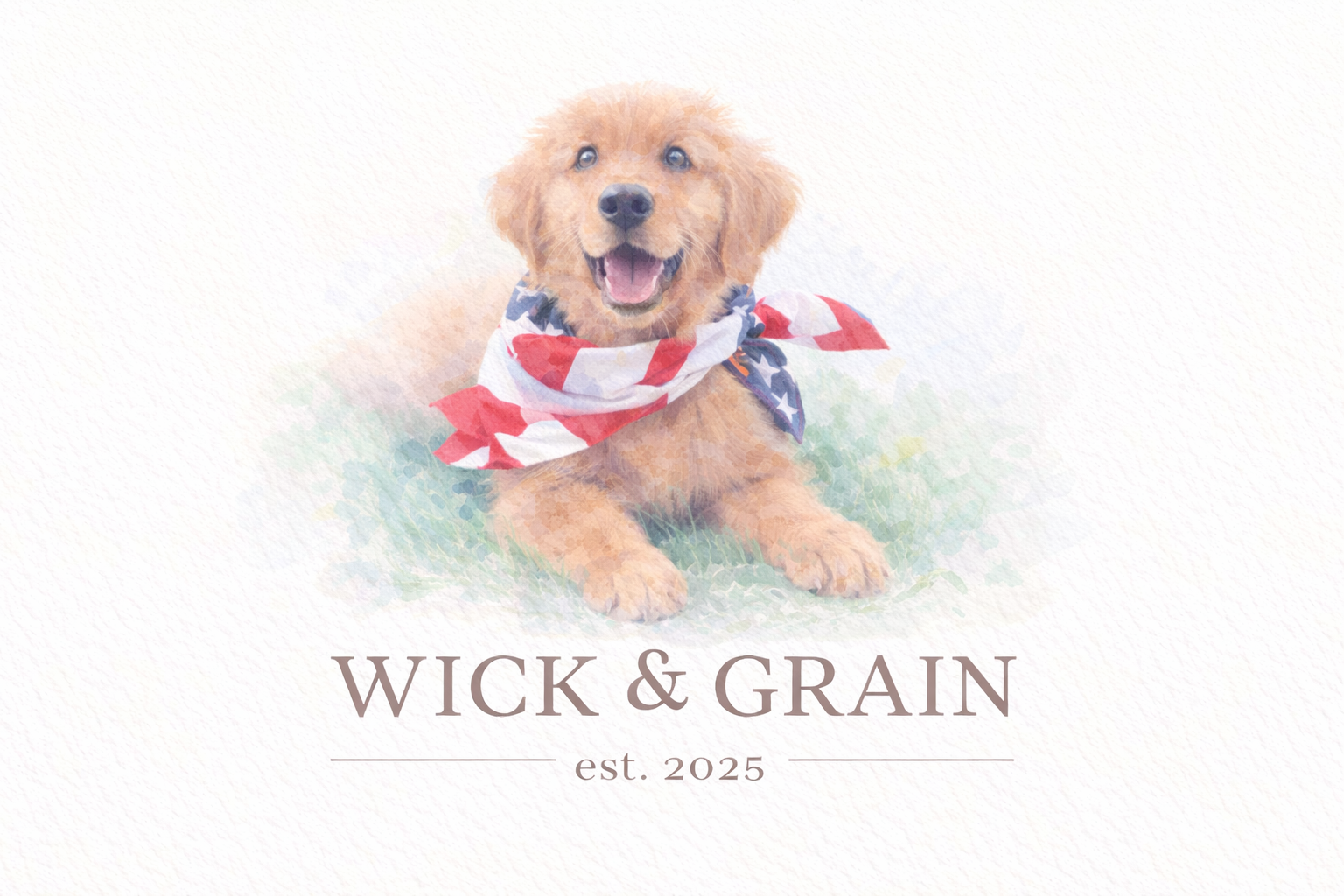Watercolor illustration of Bruer, the Wick & Grain golden retriever.