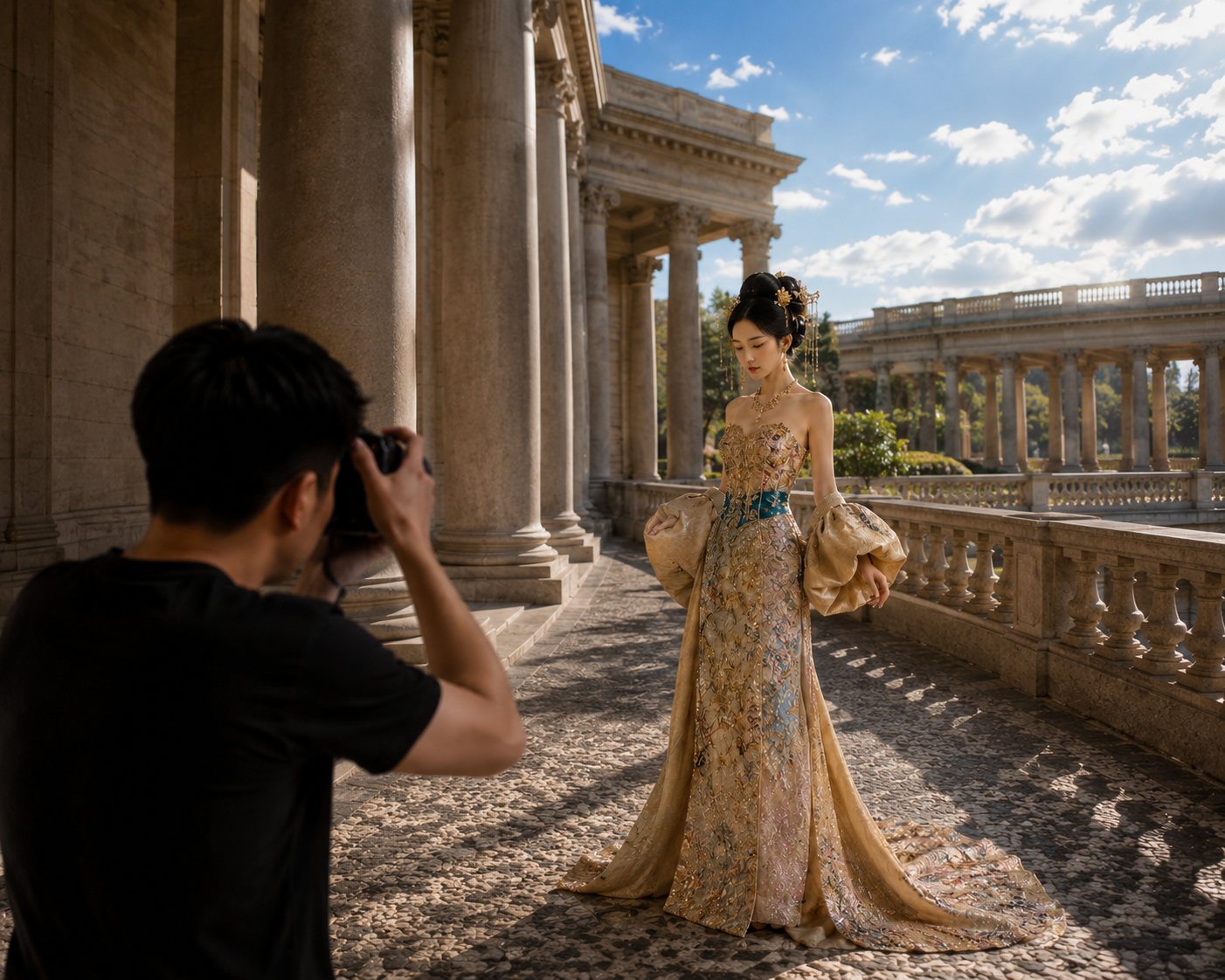 A woman in an elaborate, ornate gown stands on a grand balcony with classical columns, being photographed by a man with a camera, during daytime with blue skies and scattered clouds.