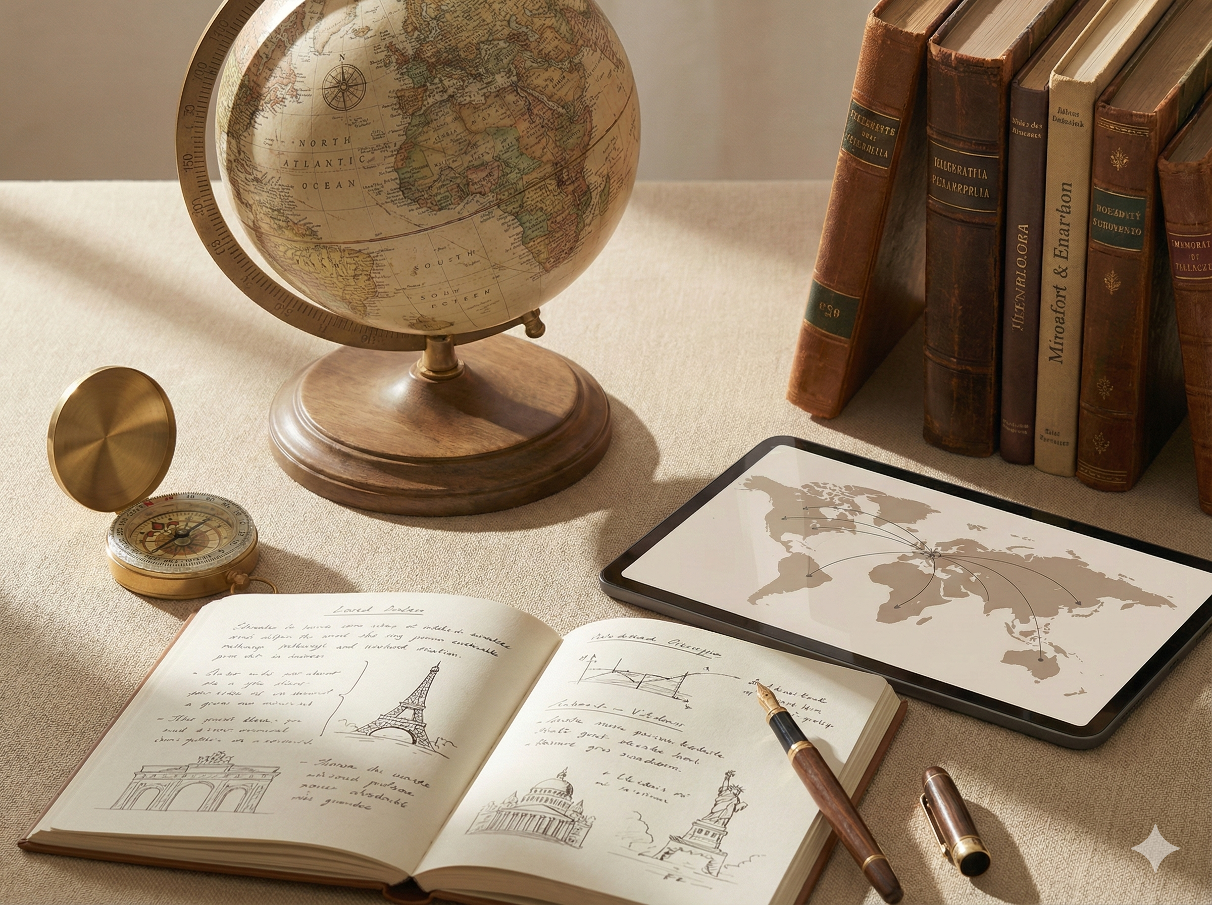 A desk with a globe, a compass, an open notebook with sketches of the Eiffel Tower and other landmarks, a tablet displaying a world map, and several old books.