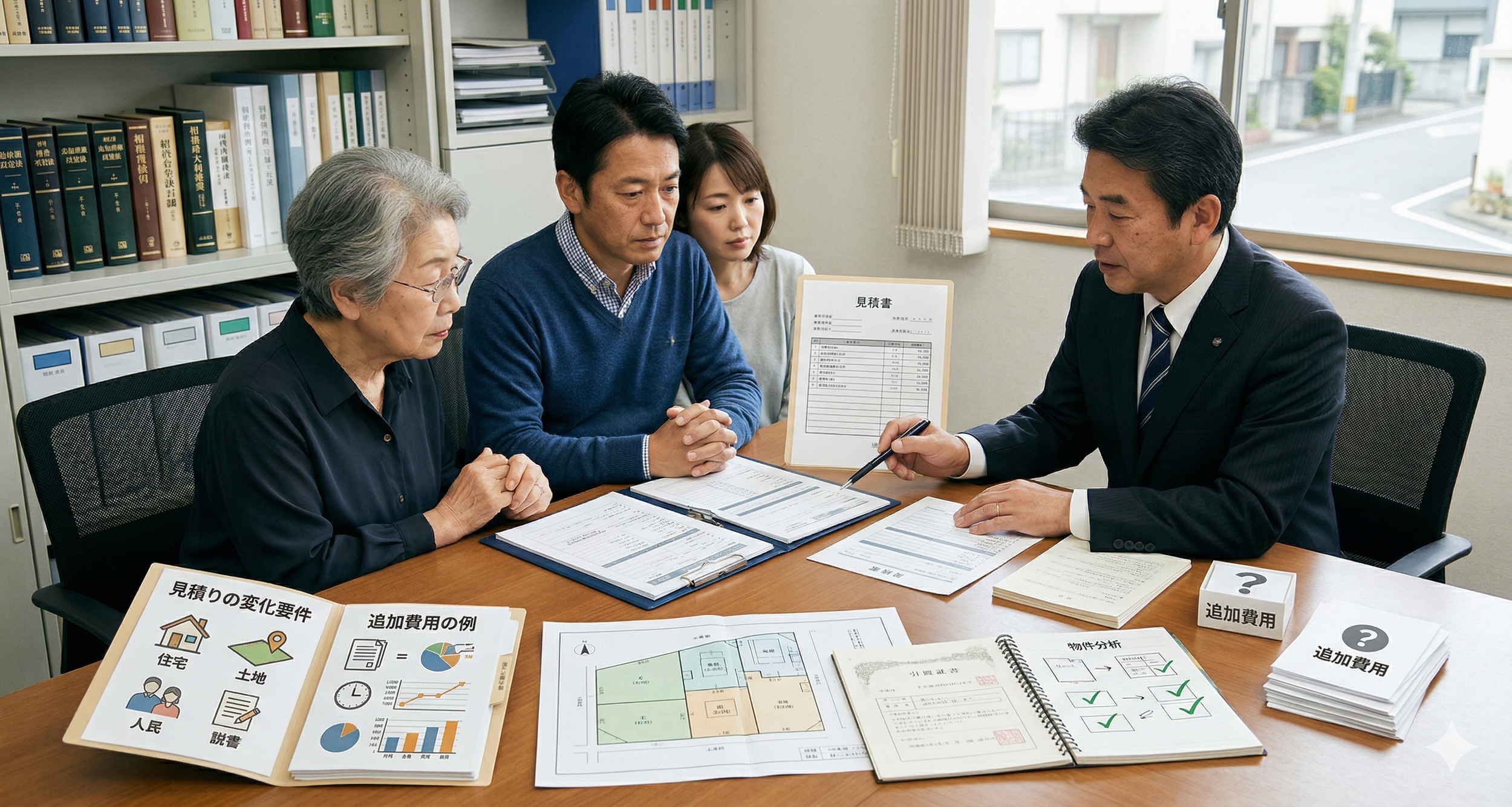 相続手続きの見積もりについて打ち合わせをする4人の行政書士と高齢者家族。書類や資料が机の上に広げられている。