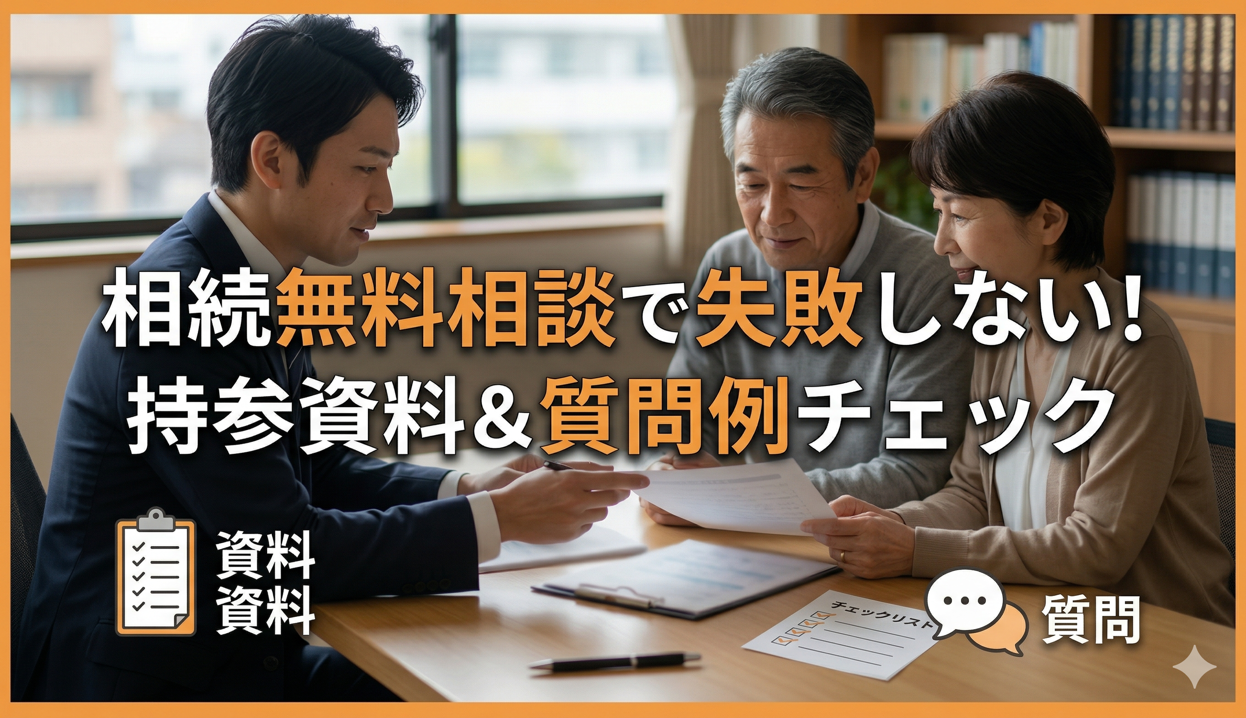 相続専門の行政書士と高齢者の夫婦が書類を見ながら話し合っている。室内で、本棚が見える。