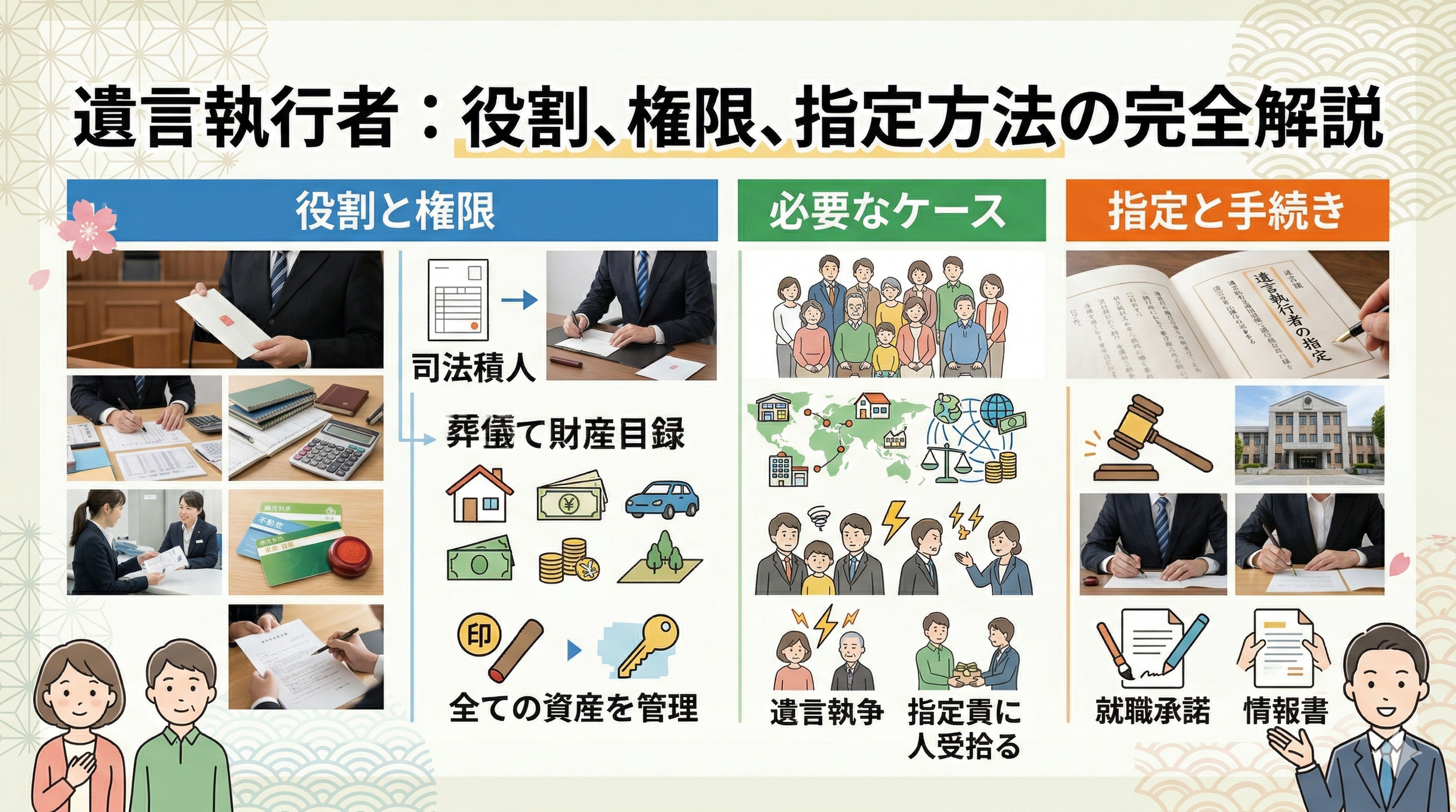 遺言執行者の役割と権限について解説した図。左側には司法書士や弁護士の写真と書類の画像、中央には資産の管理アイコンと遺言執行の流れのイラスト、右側には遺言者や指定受取人のイラスト、手続きのための書類と建物の写真、手続きのイラストと説明文がある。