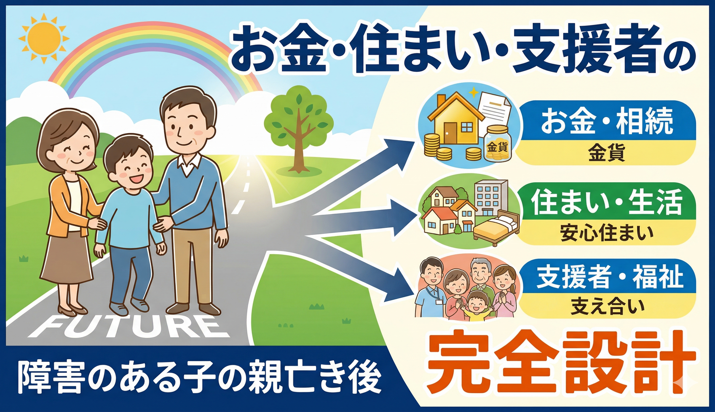 家族が未来の道を歩いている絵と、左側には親子の笑顔、右側にはお金・住まい・支援者のイラストがあり、日本語で障害のある子どもの親亡き後の完全設計について説明している内容です。