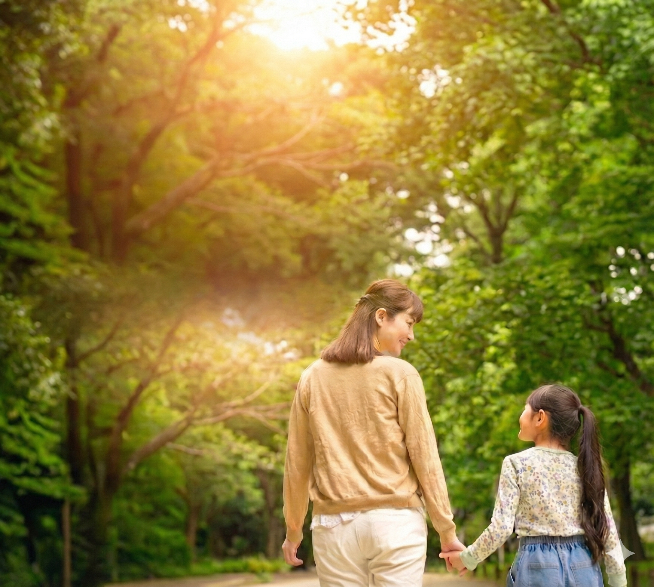 緑豊かな公園を散歩する母と娘が手をつないでいる写真。日差しが差し込み、温かく穏やかな雰囲気。