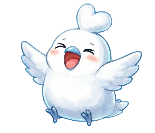 笑顔の白い鳥キャラクターが飛び跳ねている