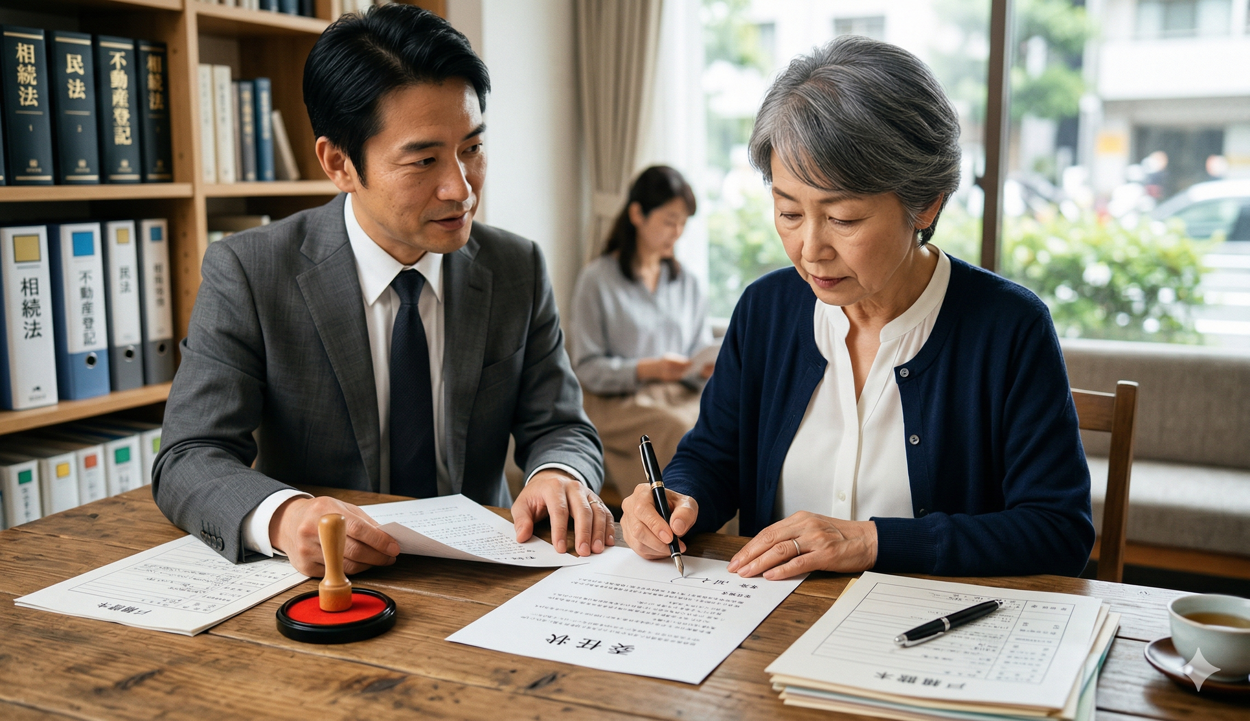 高齢女性が書類に署名し、行政書士の男性が説明している会議の場面。背景に書籍棚と別の女性。