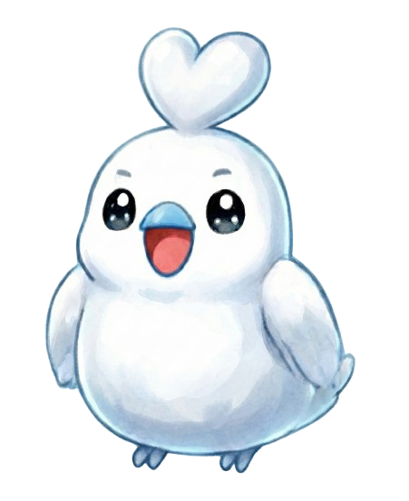 ハート型の羽根が頭の上にある可愛い白い鳥のキャラクター