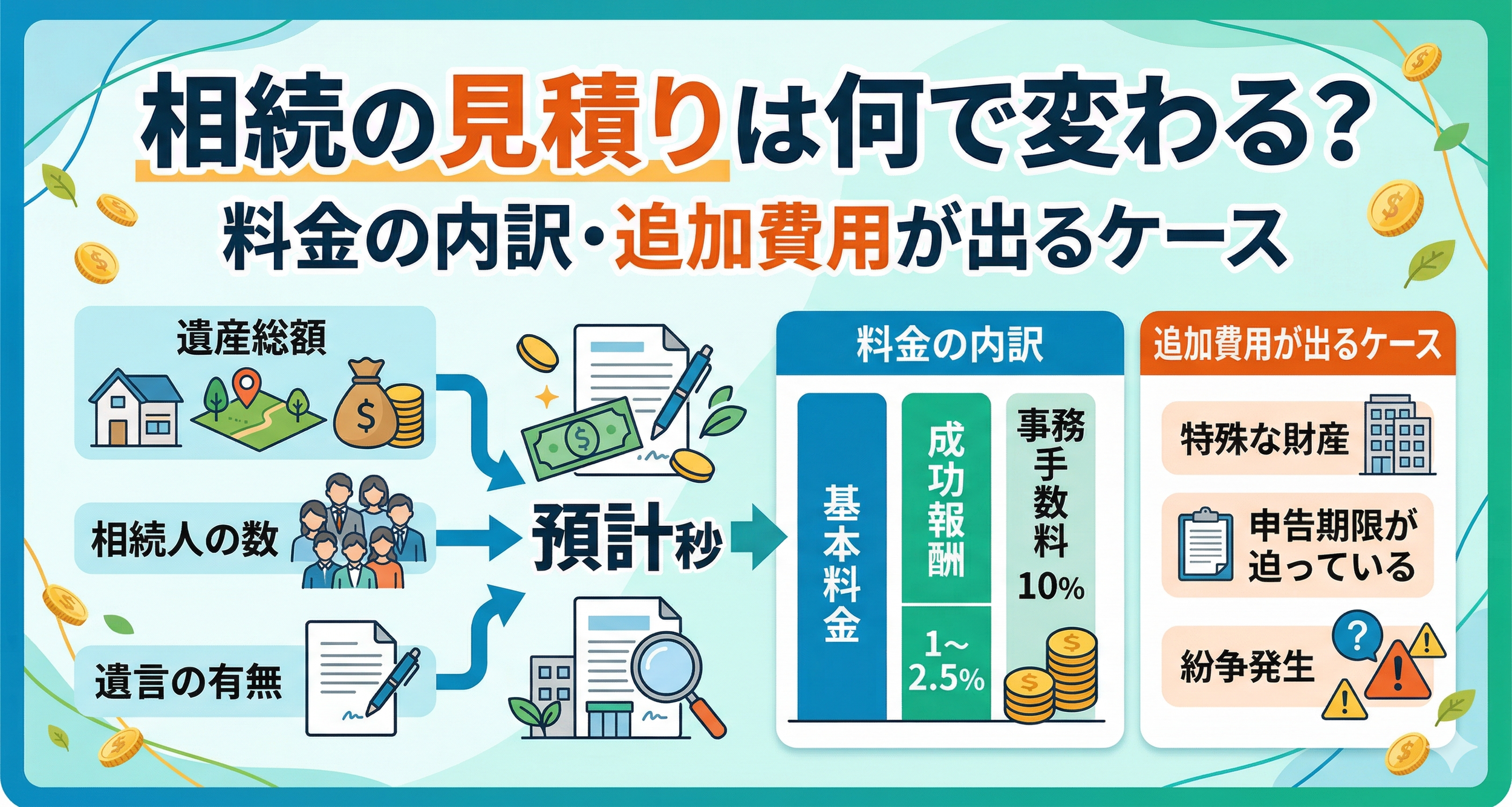 相続の見積もりに関する情報を図解したインフォグラフィック。遺産総額、相続人の人数、遺言の有無に基づき、預計秒による料金の内訳と追加費用のケース例を示している。