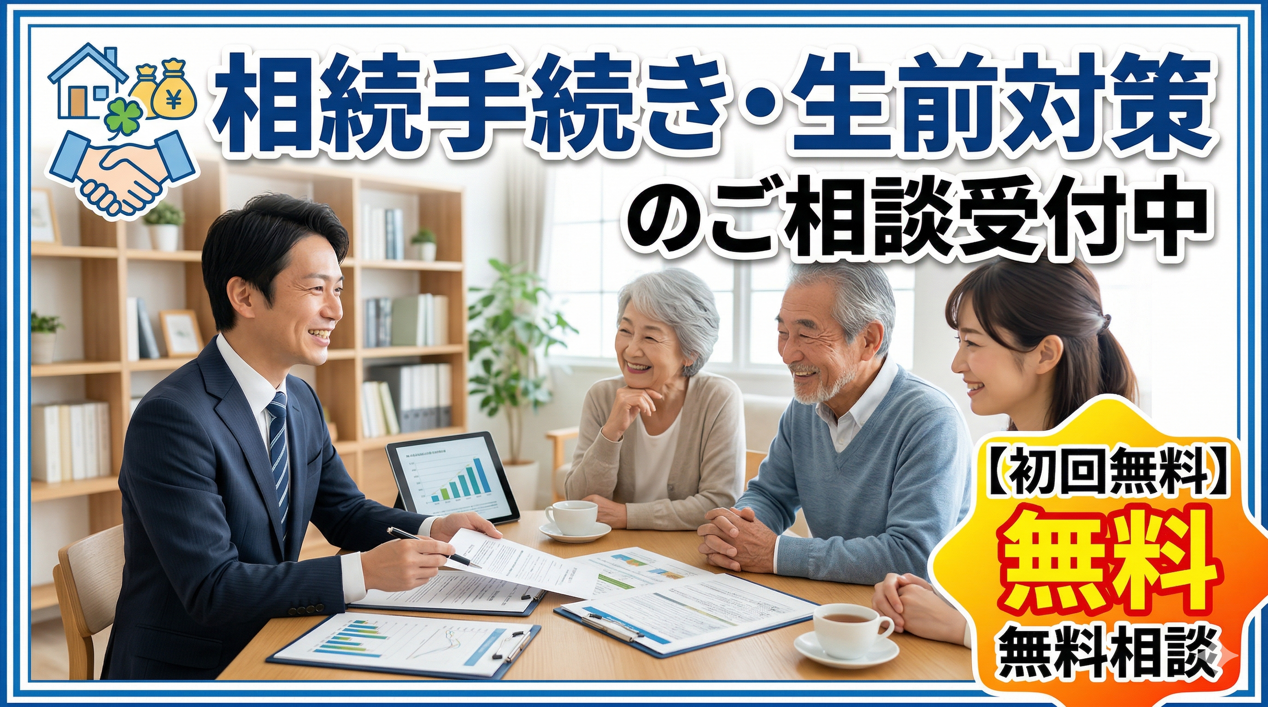 相続手続きと生前対策の相談をする家族と専門家の写真