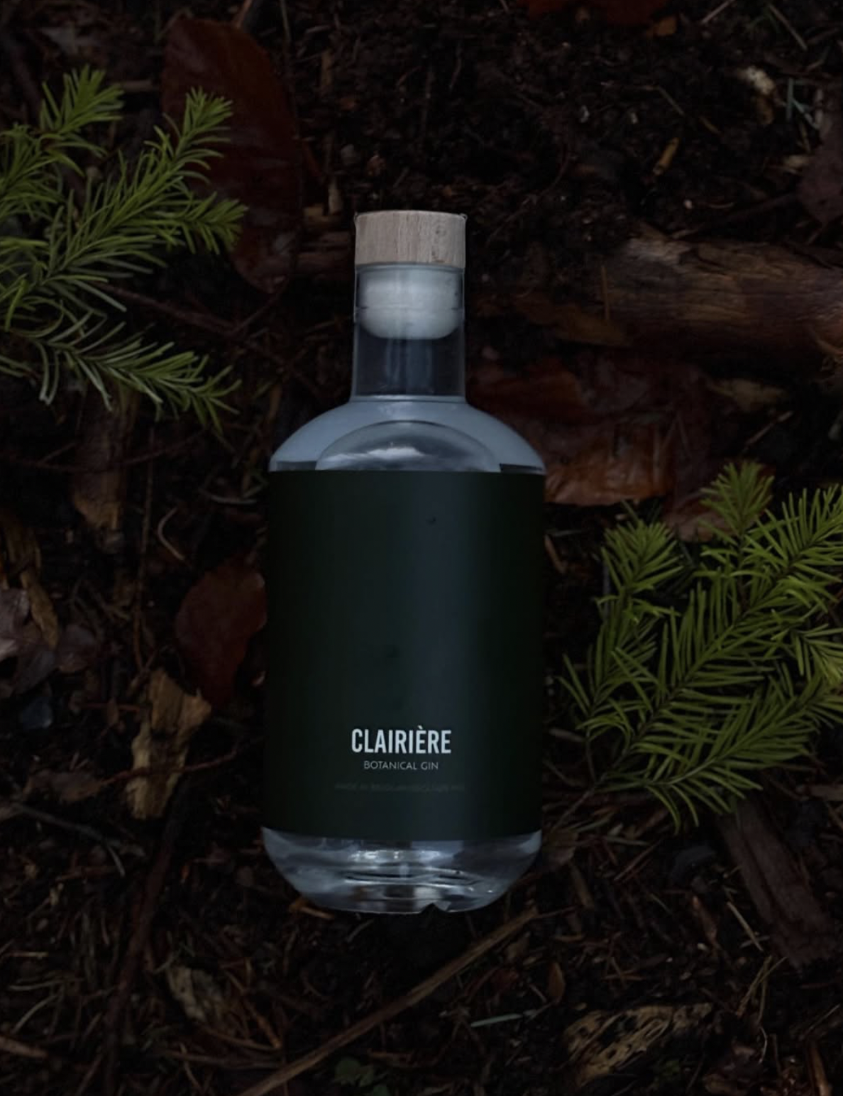 Bouteille de gin botanique Clairière, posée sur le sol forestier avec des feuilles et des branches vertes autour.