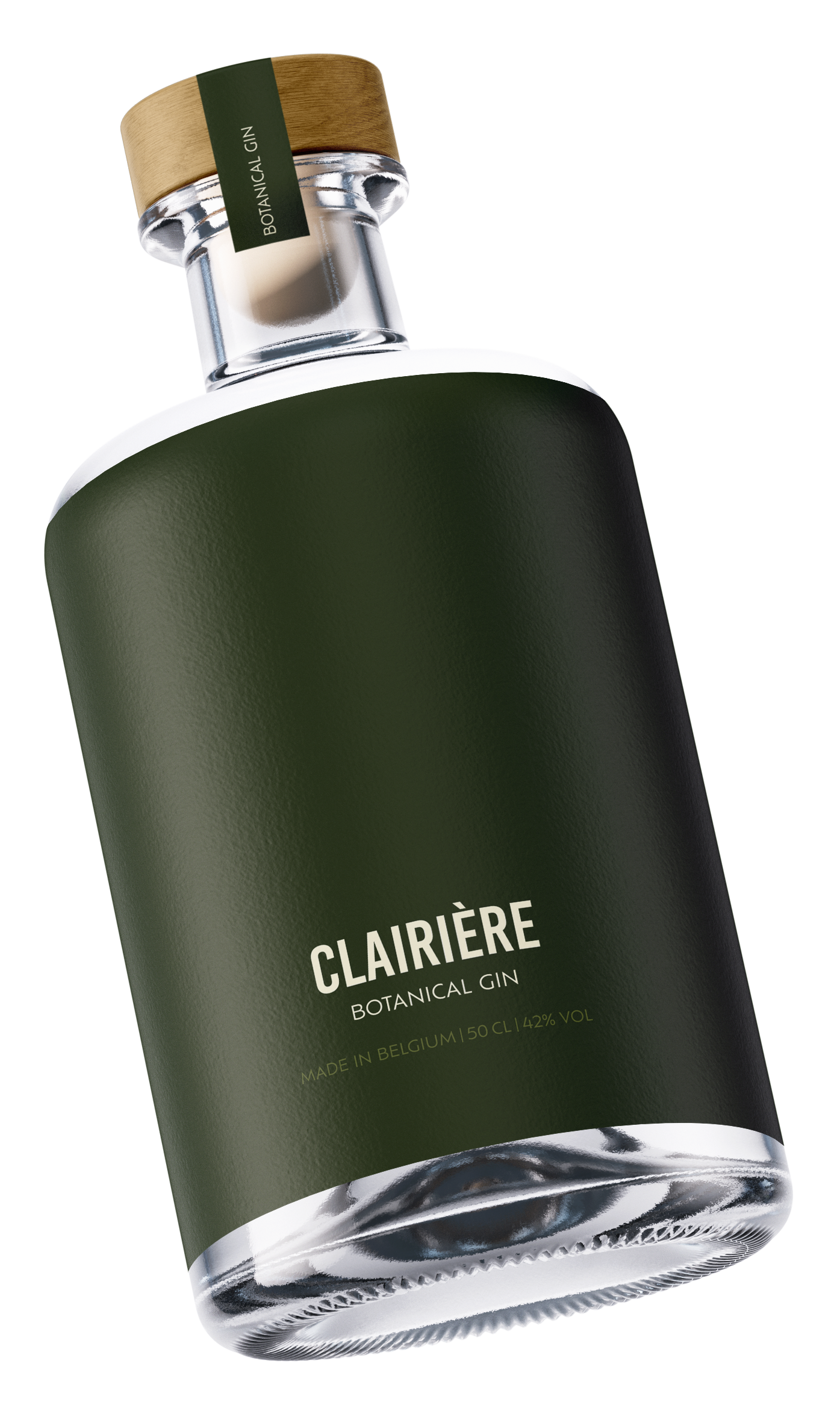 Une bouteille de gin botanique nommée Clairière, fabriquée en Belgique, de 50 cl avec 42 % d'alcool, présentée dans une étiquette verte avec un bouchon en bois.