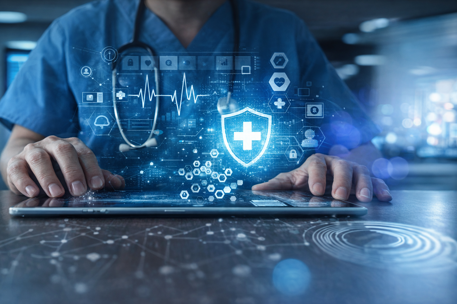 Healthcare professional using a secure digital tablet, representing HIPAA-compliant IT support and cybersecurity services provided by Healthcare IT Pros in Long Island, NY.