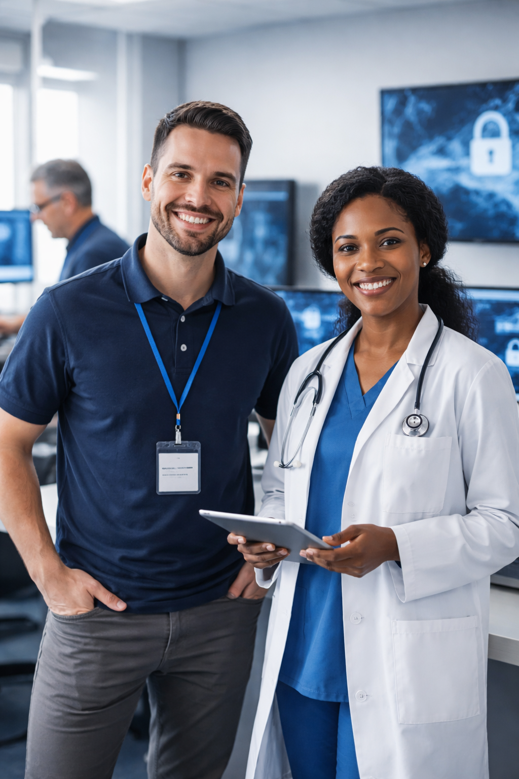 Two healthcare staff members in a medical office, symbolizing reliable healthcare IT support and managed services offered by Healthcare IT Pros for clinics in Long Island and NYC.
