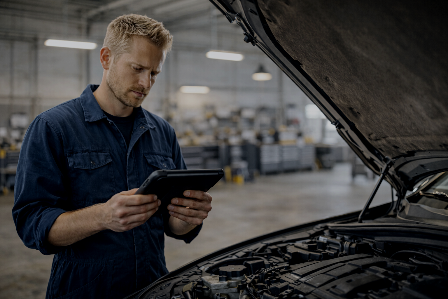 Mand i en værkstedkontrol checker en bils motor med en tablet.