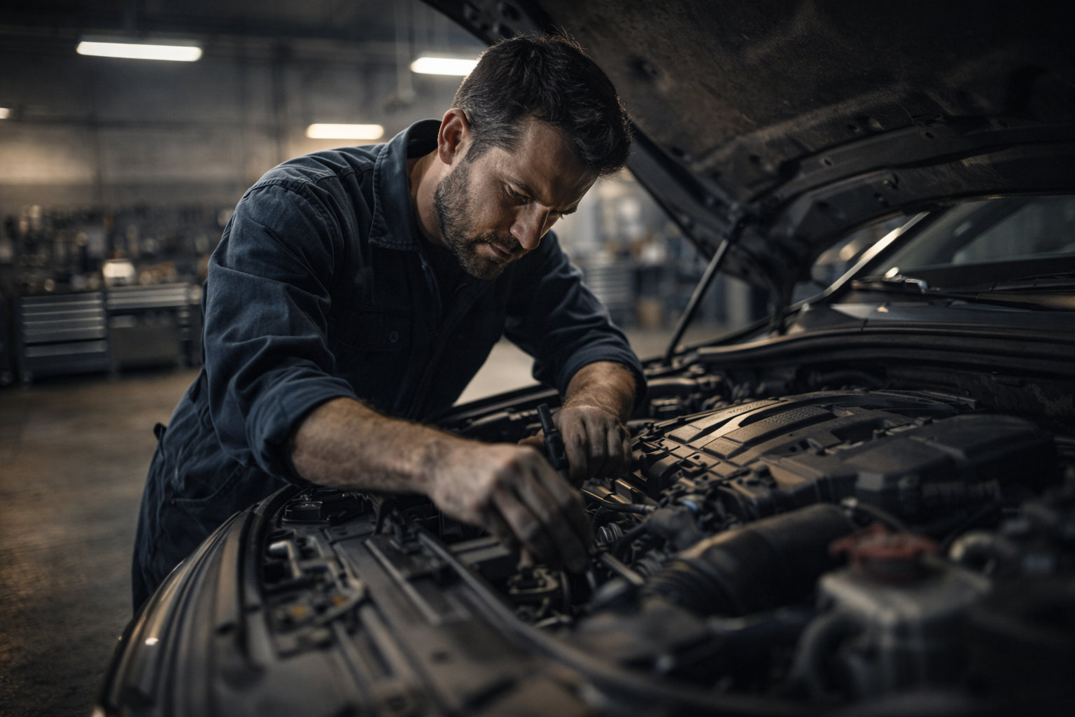 En mand arbejder under motorhjelmen på en bil i et værksted.