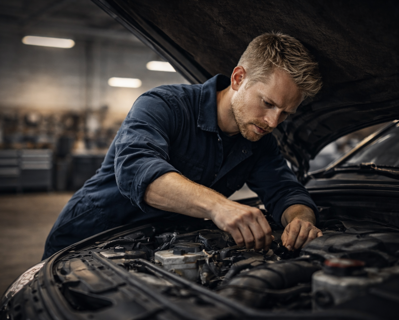 En mand arbejder på en bil i et værksted med motorhjelmen åben.
