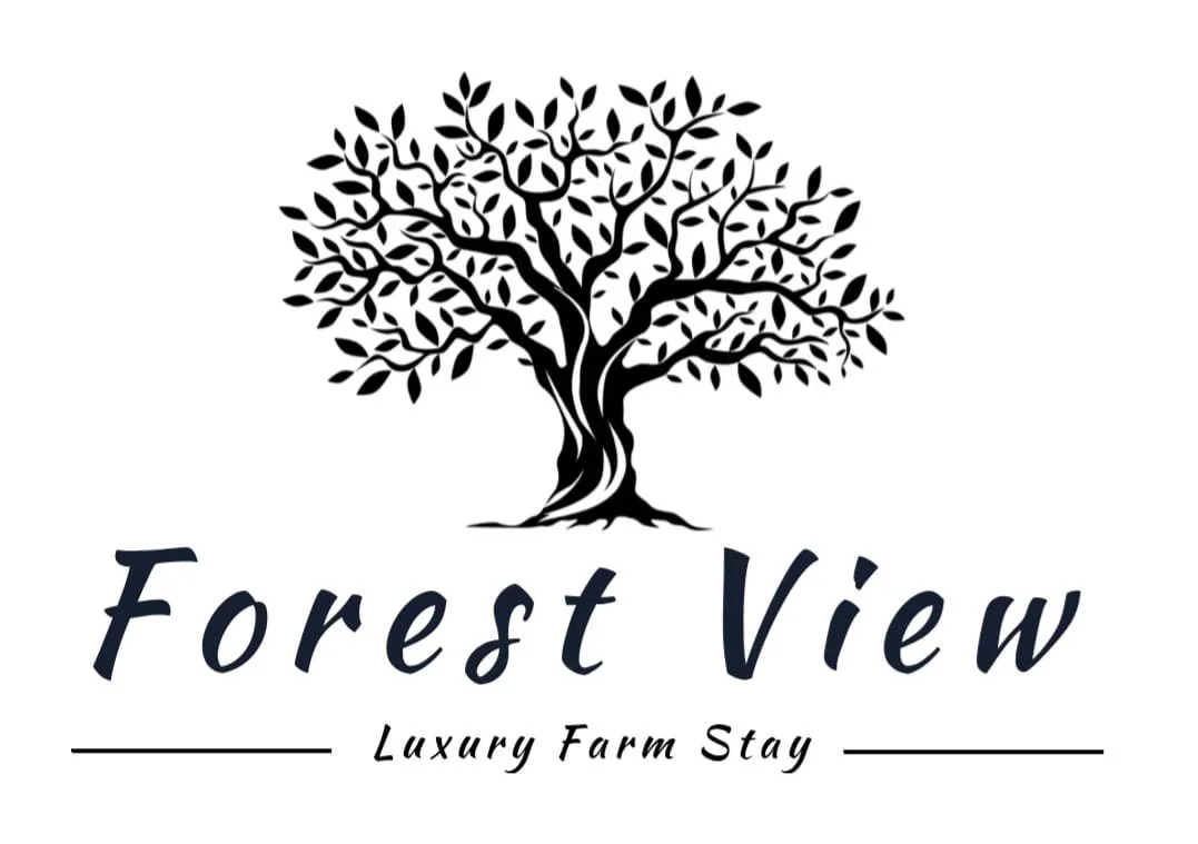 Logo of a stylized black tree with the text 'Forest View' and 'Luxury Farm Stay' underneath.