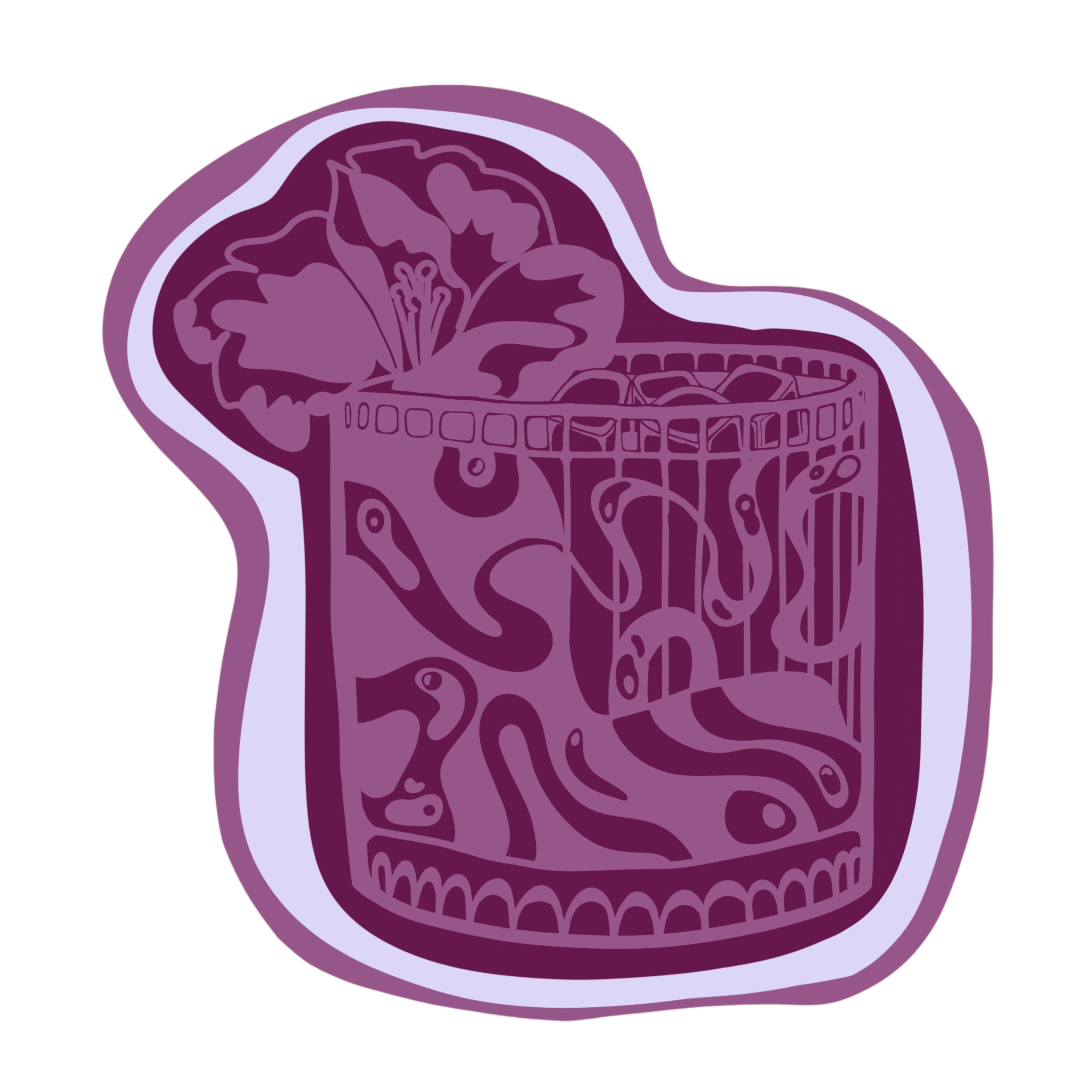 Stylized illustration of a tropical cocktail with distorted abstract shapes and a flower at the top, rendered in purple tones with bold outlines.