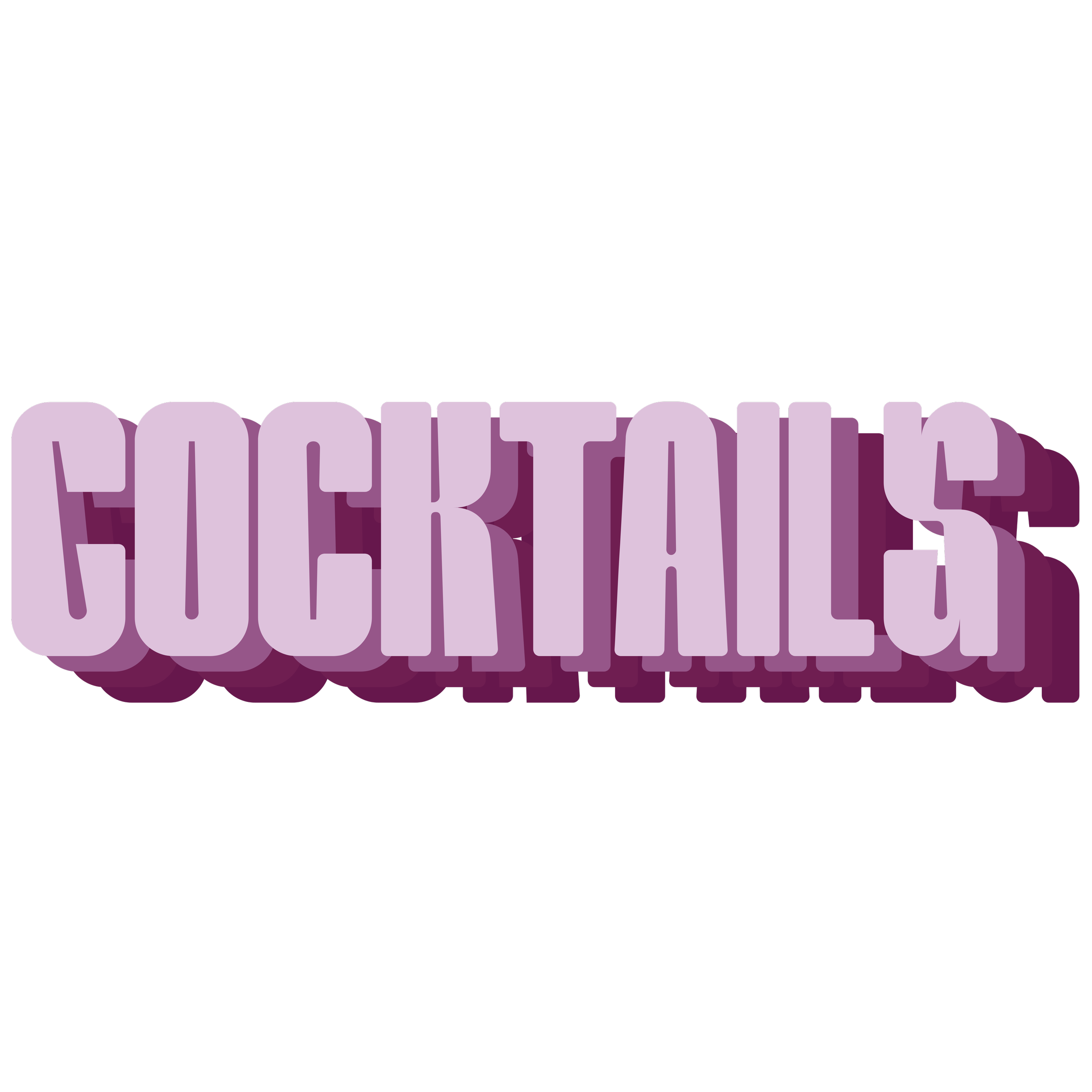 Text in 3D purple letters reads 'COCKTAILS' on a black background.