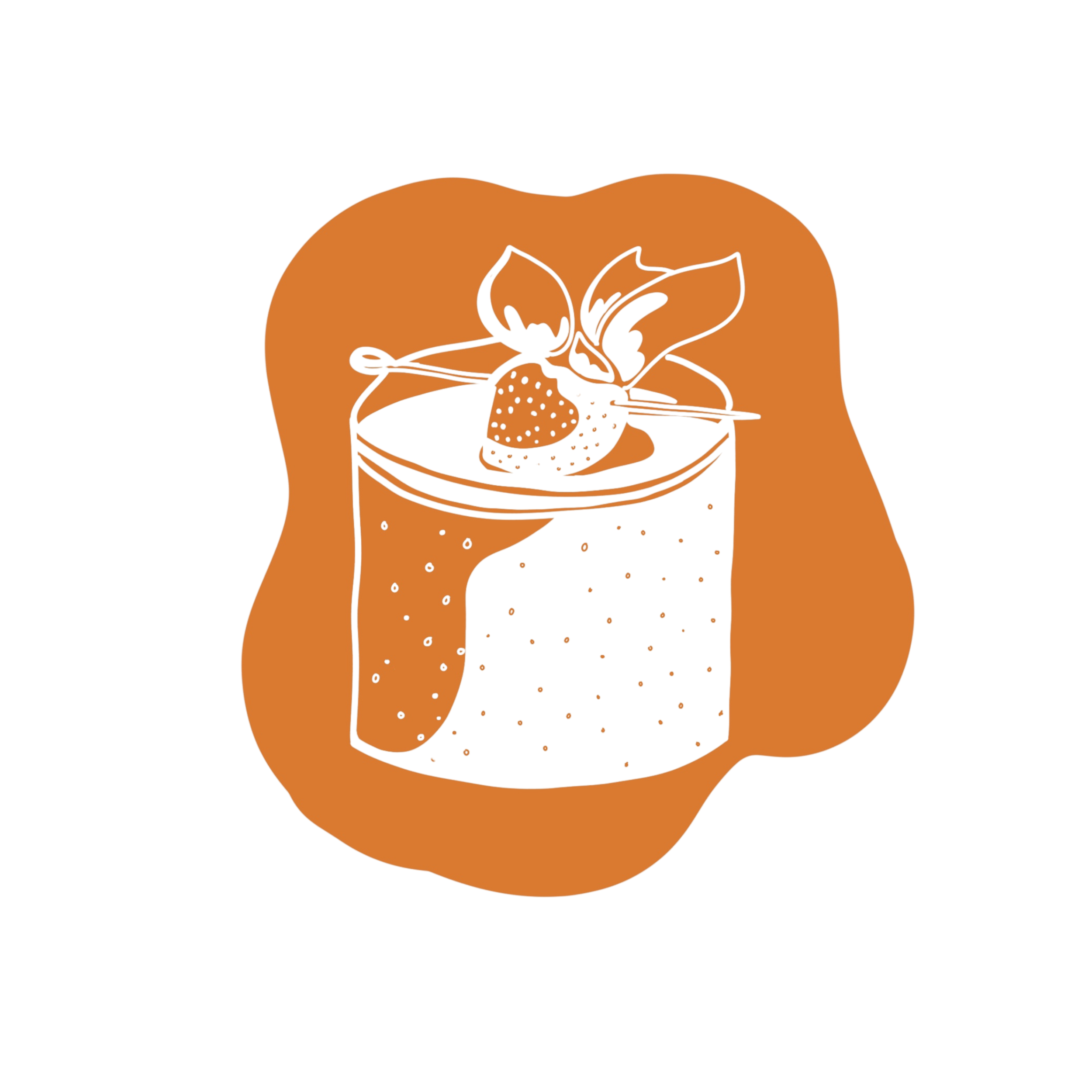 Illustration of a peach with a strawberry and leaves on top.