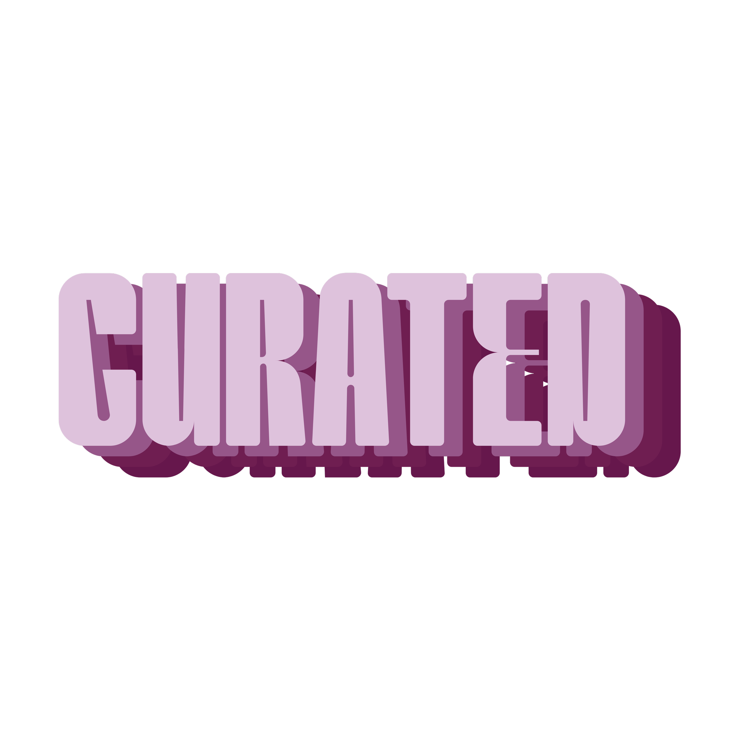 The word "CURATED" in large, purple, 3D block letters with a shadow effect on a black background.
