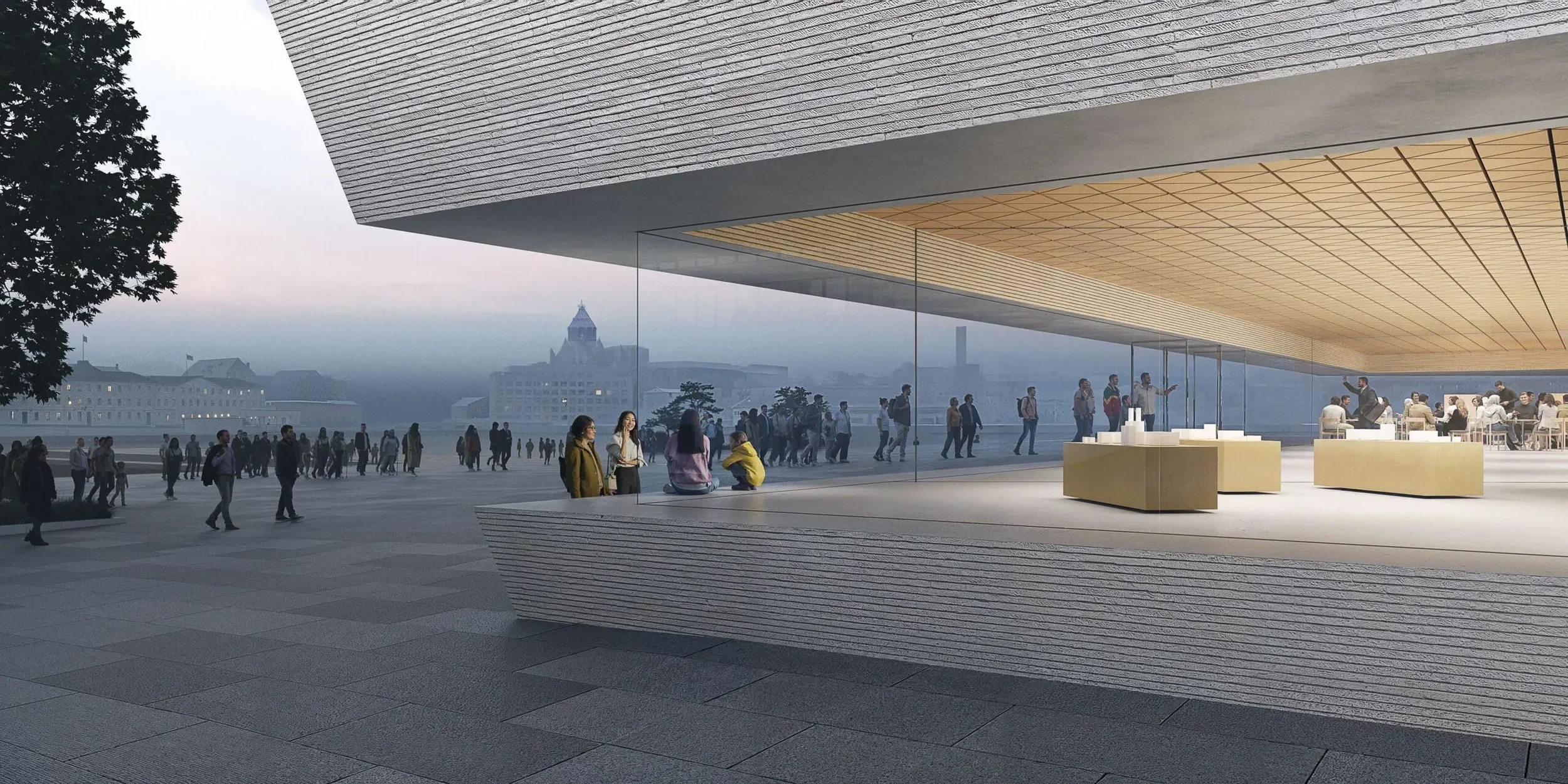 New Museum of Architecture and Design, Kumma, JKMM Architects. People gathering outside a modern building with large glass windows overlooking a cityscape with historic buildings and fog in the background.