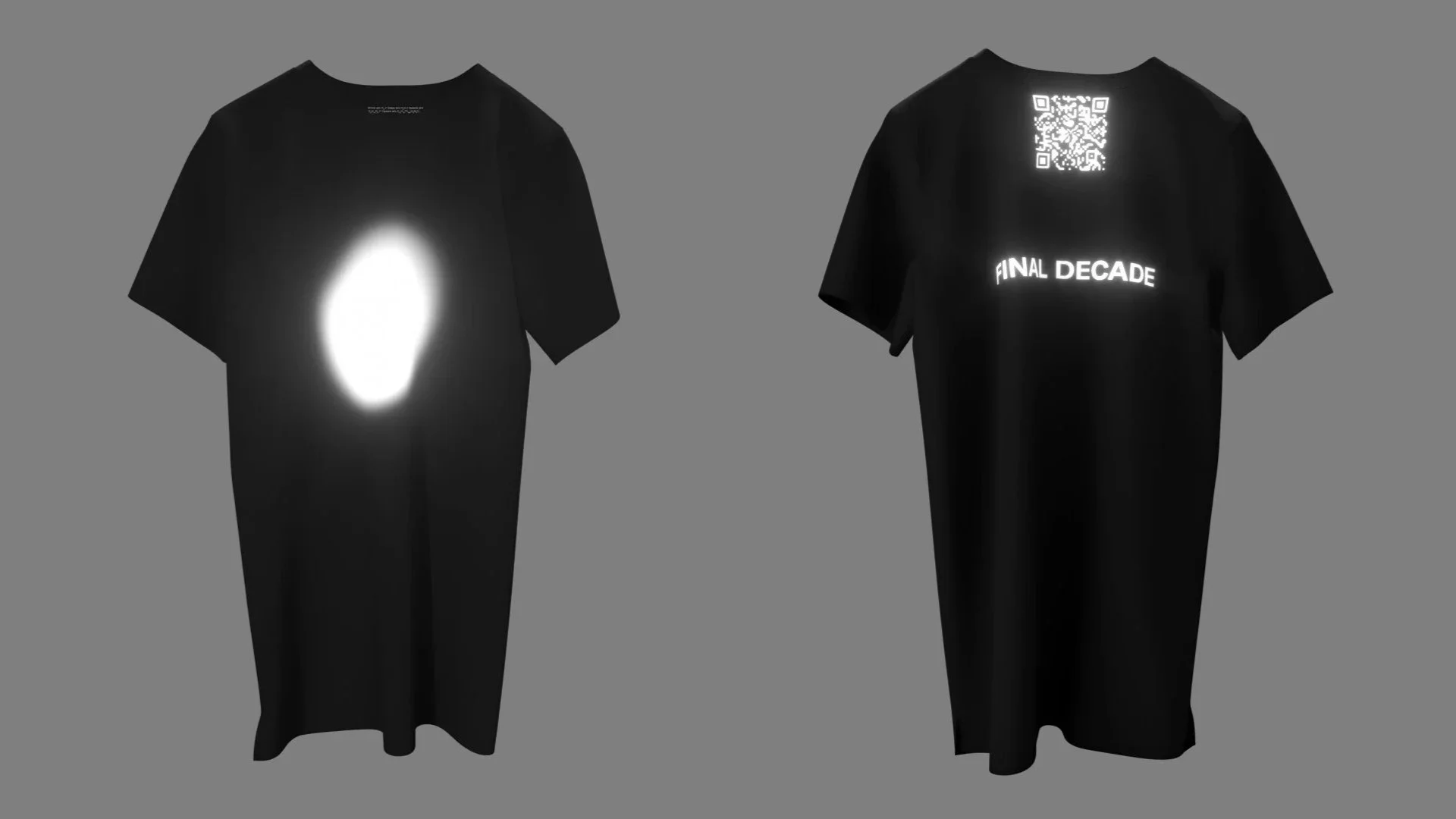 Two black T-shirts against a gray background; the front of the left shirt features a bright oval light, while the back of the right shirt has a QR code at the top and the words 'FINAL DECADE' in white below it.