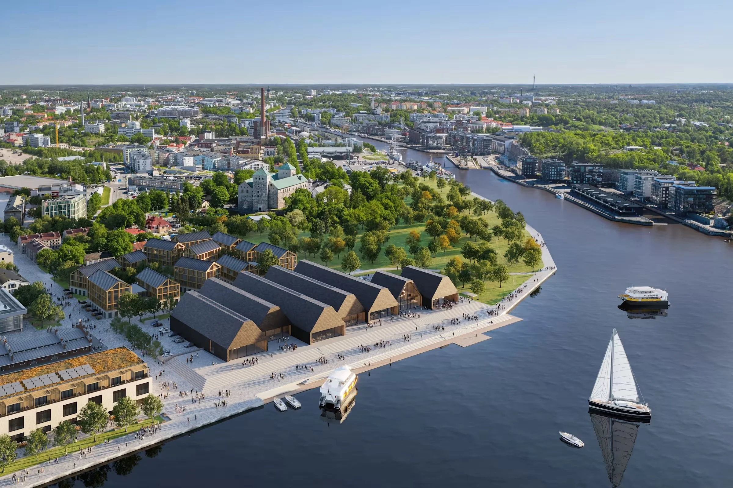 The new museum of history and future, Historian ja tulevaisuuden museo, Turku, Sigge Architects. Aerial view of a city waterfront with modern buildings, green park area, and boats on the river.