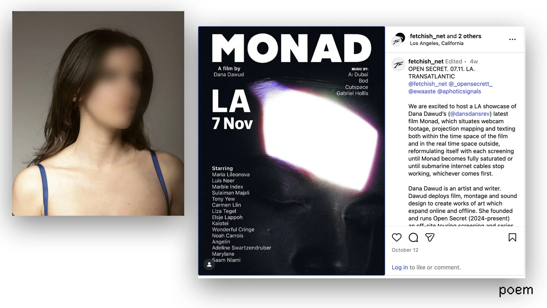 A promotional poster for the film 'Monad' by Dana Dawud, showing the screening date in Los Angeles on November 7th, with a list of cast members and creative team, featuring an abstract, illuminated face graphic.