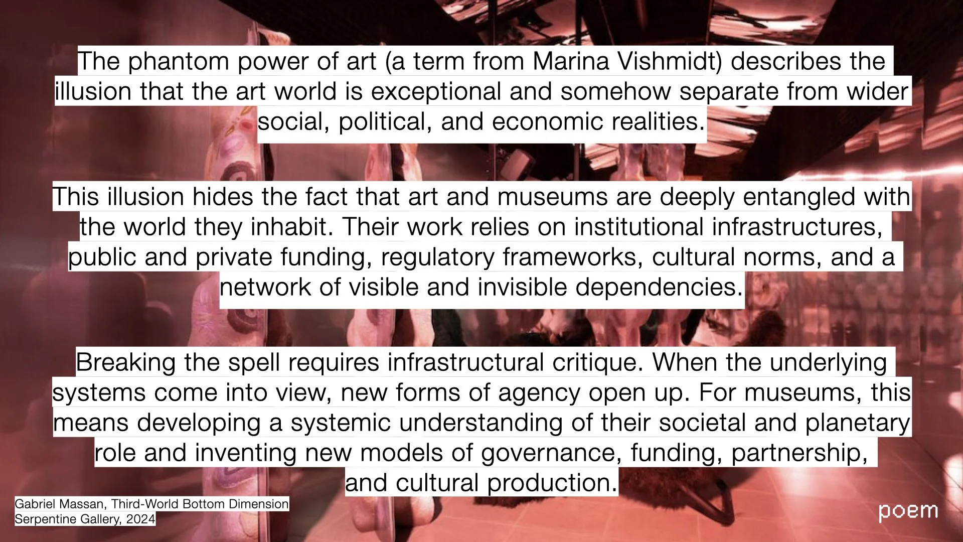 Text overlay on an abstract, dimly lit background discusses the concept of the 'phantom power of art,' describing how art is socially and economically intertwined and how structural critique can lead to new modes of cultural and governance models.