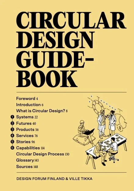 Cover page of a book titled "Circular Design Guidebook" with a yellow background and black text, including a list of chapters and a line drawing of people working with design tools.