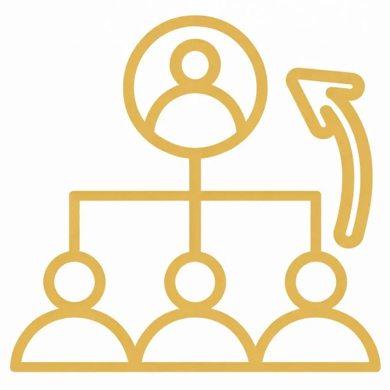 Organizational chart with one person at the top connected to three people below, and an arrow pointing from the top person to the three, indicating a hierarchy or flow of information.