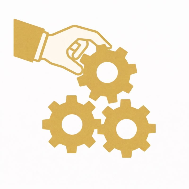 A hand holding a gear gear while three other gears interlock below.