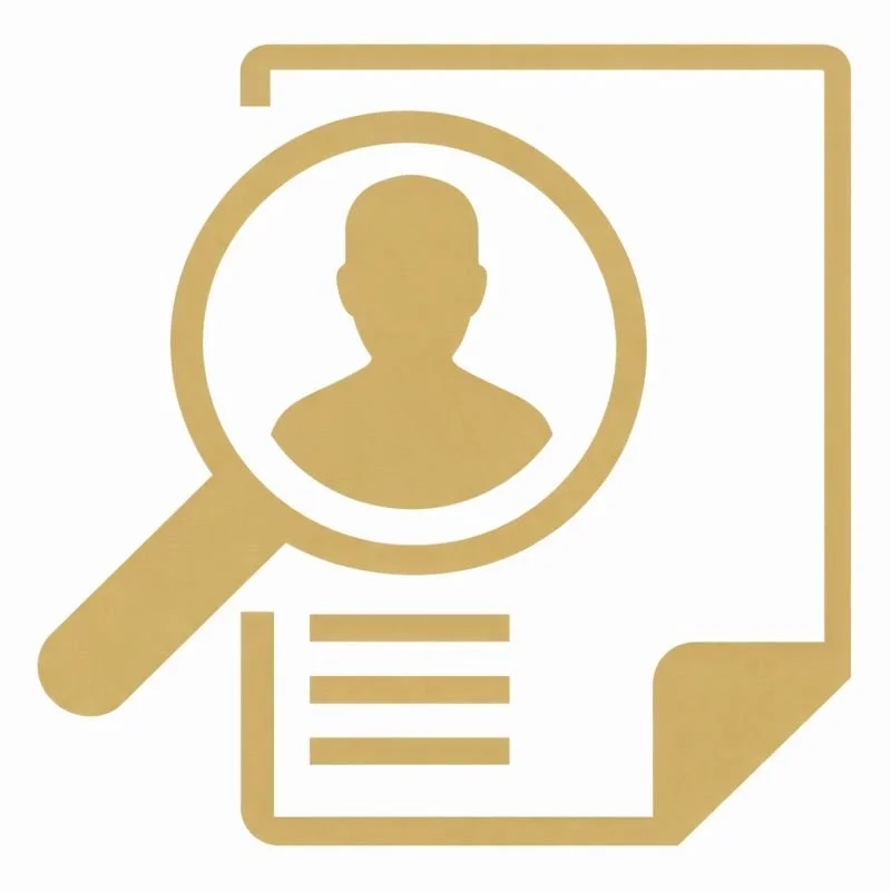 Gold icon of a resume or profile document with a magnifying glass highlighting a person's silhouette and three lines of text.