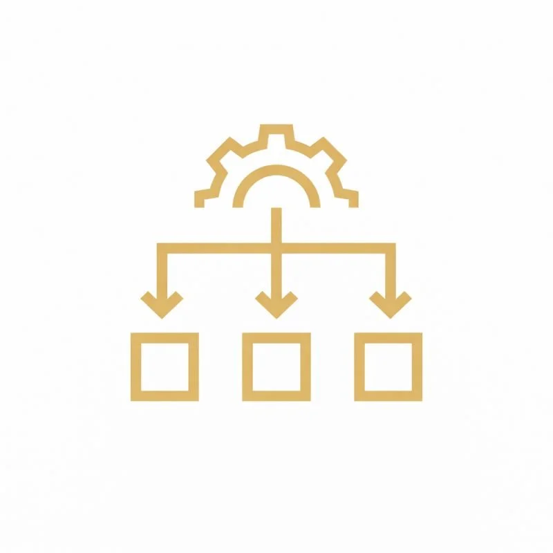 Gold gear icon connected to three squares with arrows indicating flow from gear to squares