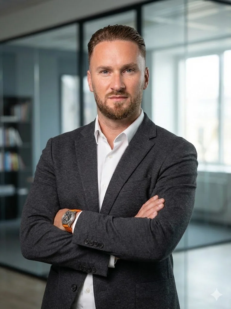 A confident man with light brown hair and a beard, wearing a dark gray blazer, white shirt, and a wristwatch, standing with arms crossed in a modern office with glass partitions and bookshelves in the background.