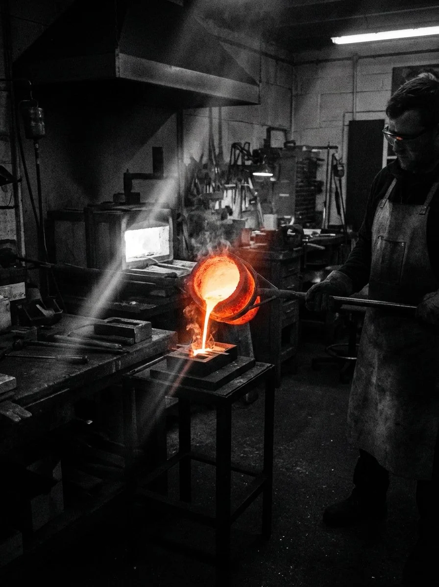 Schmied in einer Werkstatt, der glühendes Metall über einem Amboss bearbeitet.