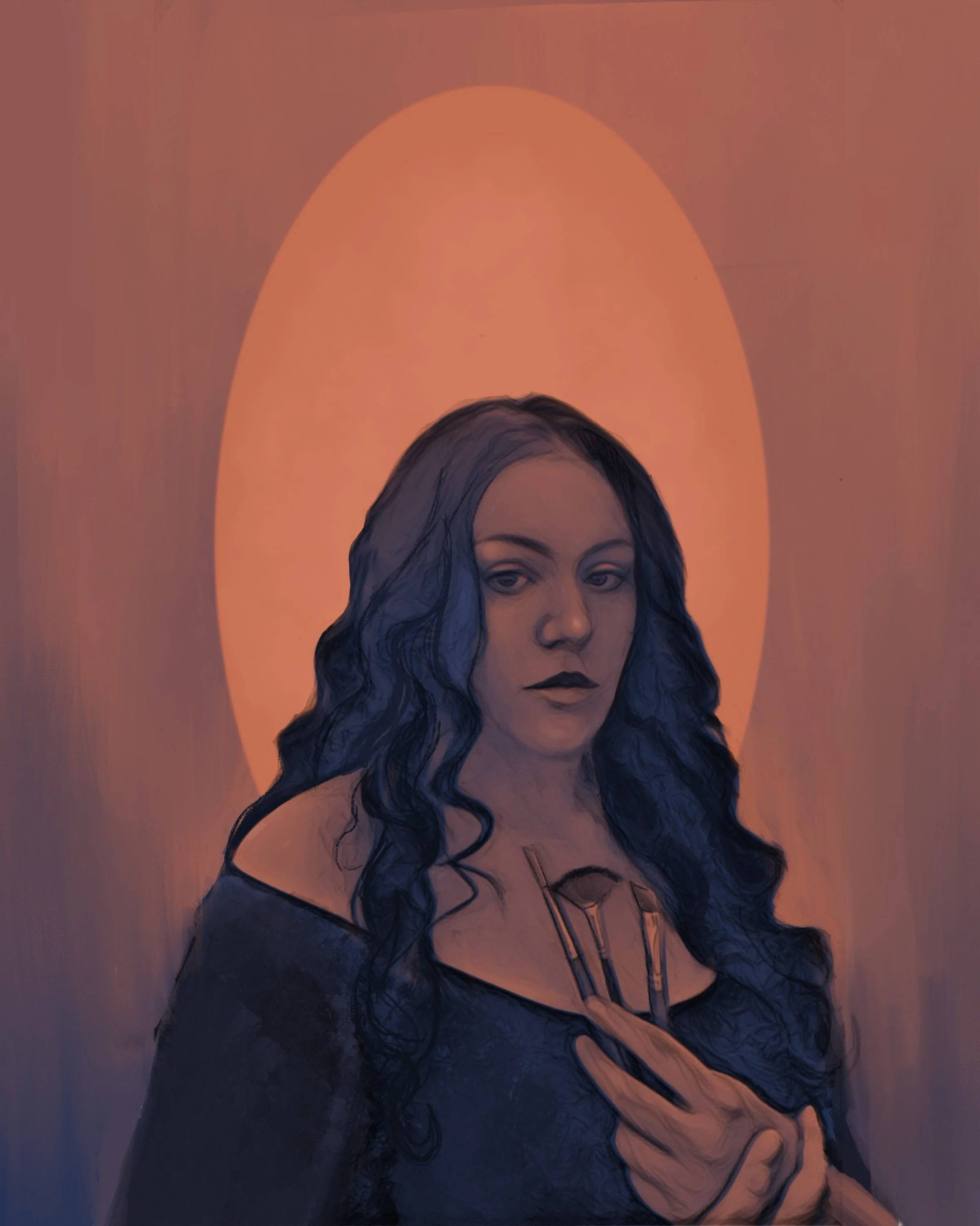 Digital painting of a woman with dark wavy hair, dressed in black, holding paint brushes, with a glowing orange oval behind her, creating a halo effect.