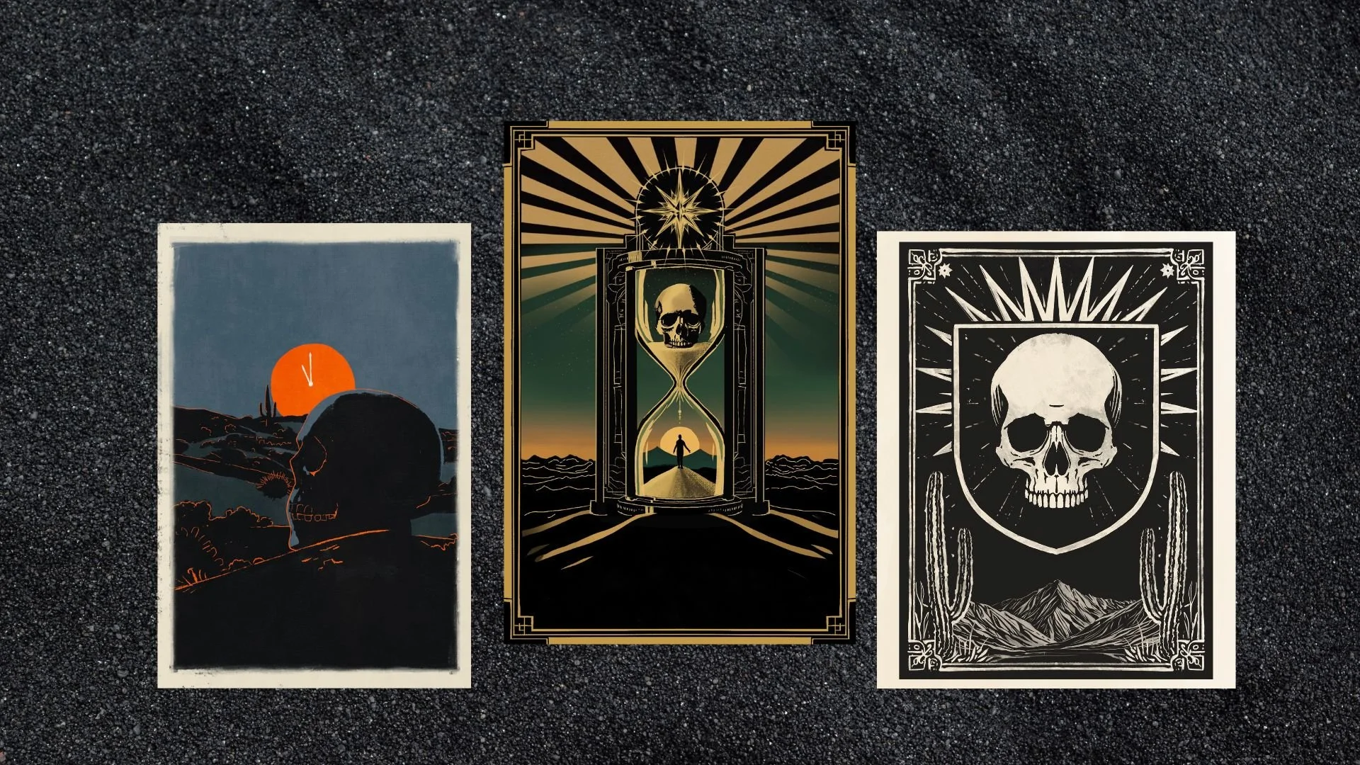 Three tarot cards laid out on black speckled surface, featuring skull motifs, deserts, and sunset illustrations.