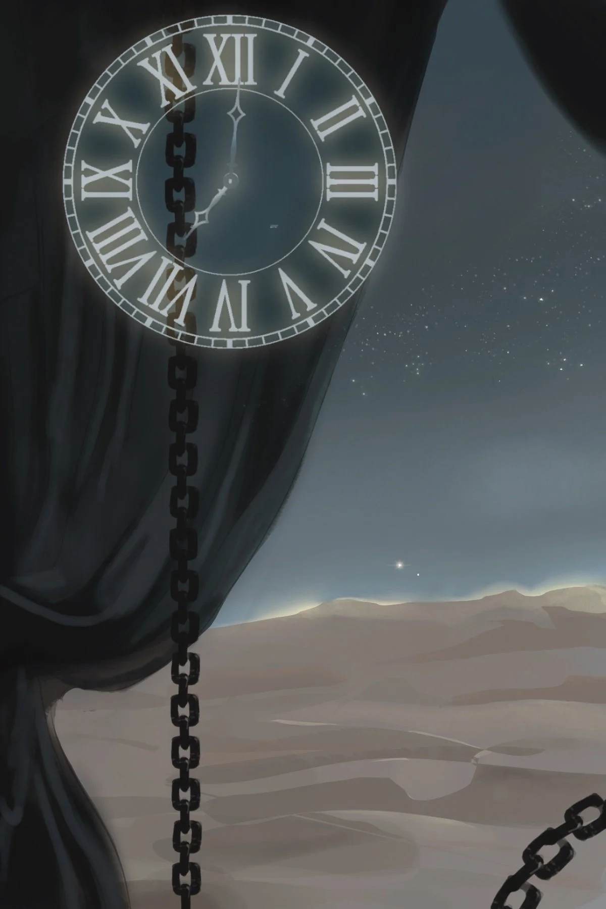 A clock with Roman numerals showing 11:59, hanging by a chain, set against a background of a starry night sky and distant mountains.