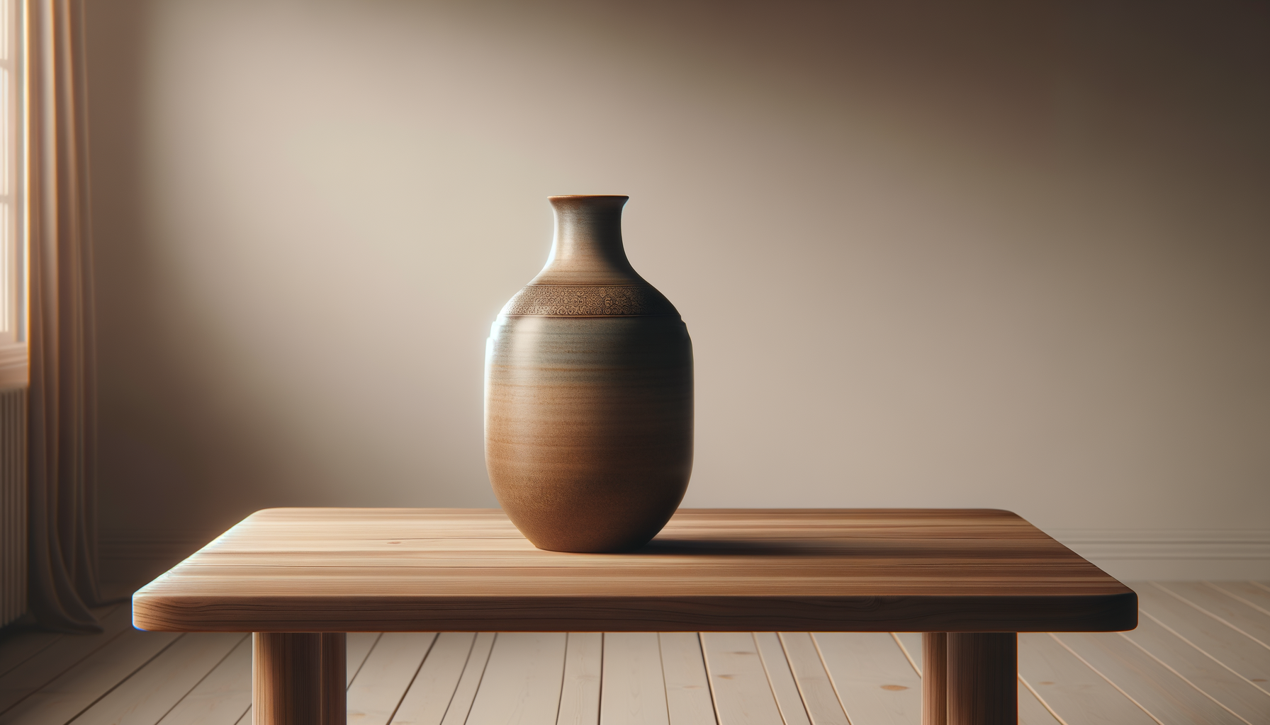 Een aardewerken vaas met aardekleuren op een houten tafel in een lichte kamer.