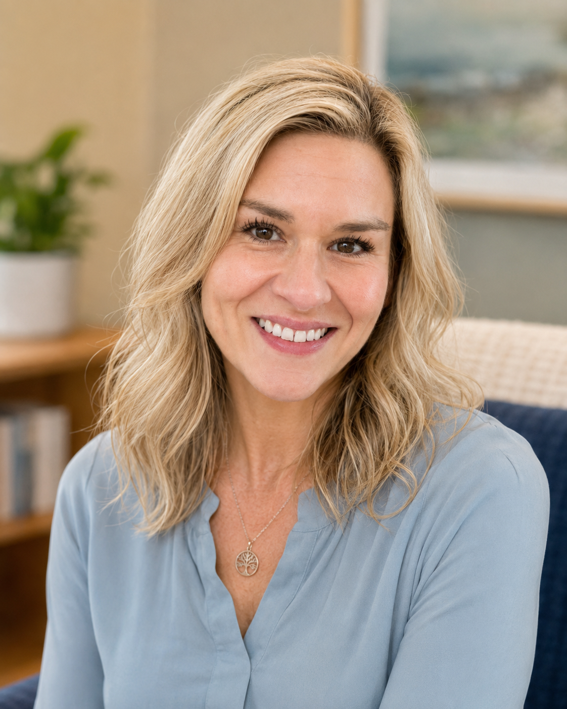Portrait of a smiling blonde woman wearing a light blue blouse and a necklace, sitting indoors with a blurred background.