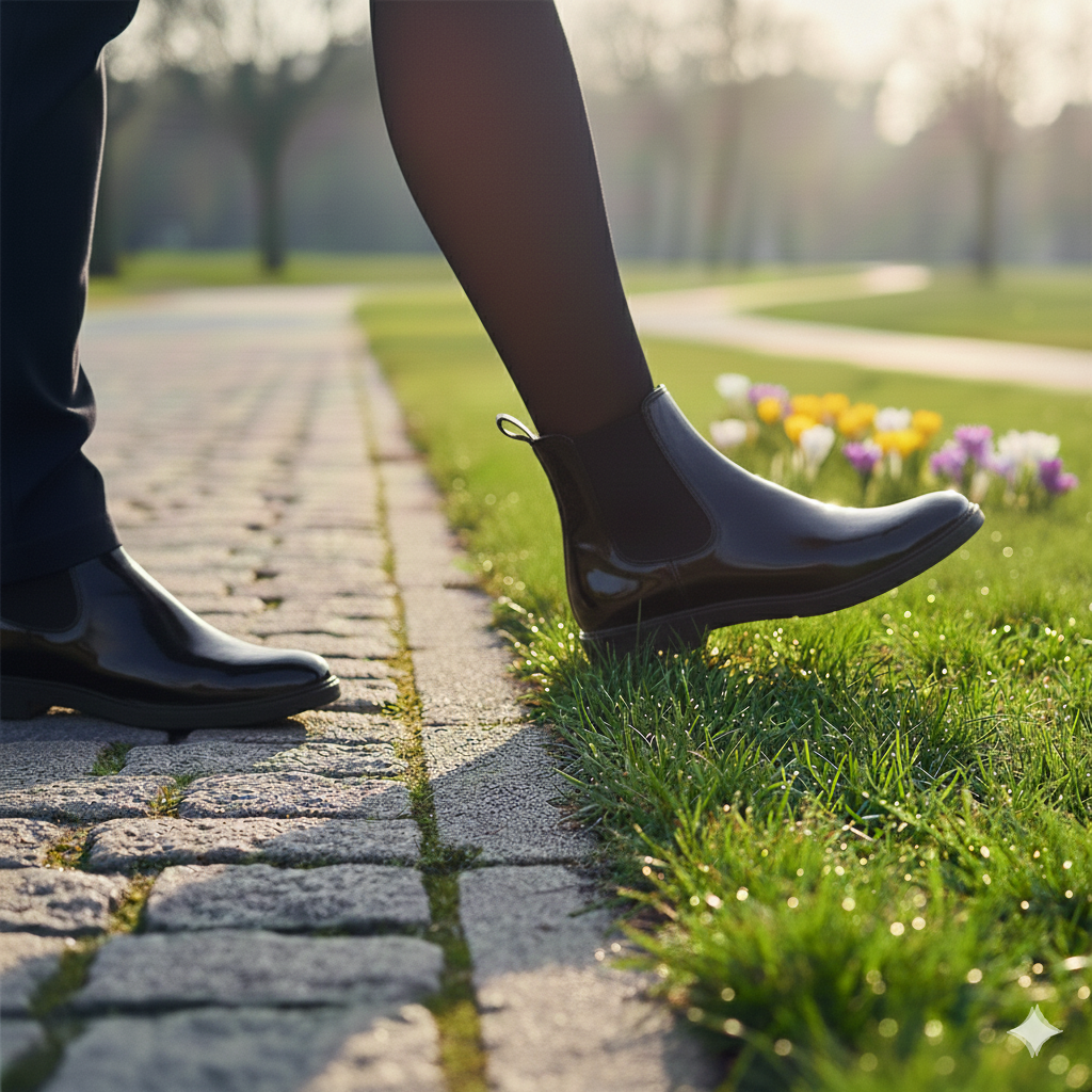 Nahaufnahme von zwei Paar schwarzen Lederschuhen auf einem gepflasterten und grasbewachsenen Weg im Park bei Sonnenuntergang, mit Blumen im Hintergrund.