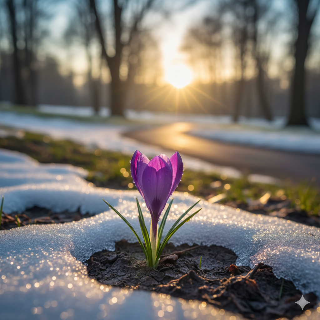 Eine pinke Krokusblume wächst im Schnee bei Sonnenaufgang in einem Wald